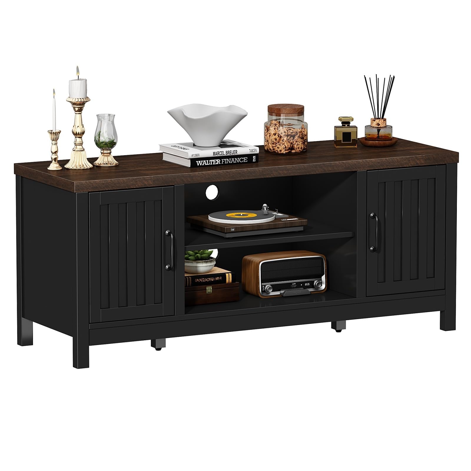 ChooChoo Farmhouse TV Stand for Televisions up to 55 inches, Entertainment Center Console Table Media Furniture with Storage Cabinets and Open Shelves, Fluted Door, for Living Room Bedroom, Black - Image 7