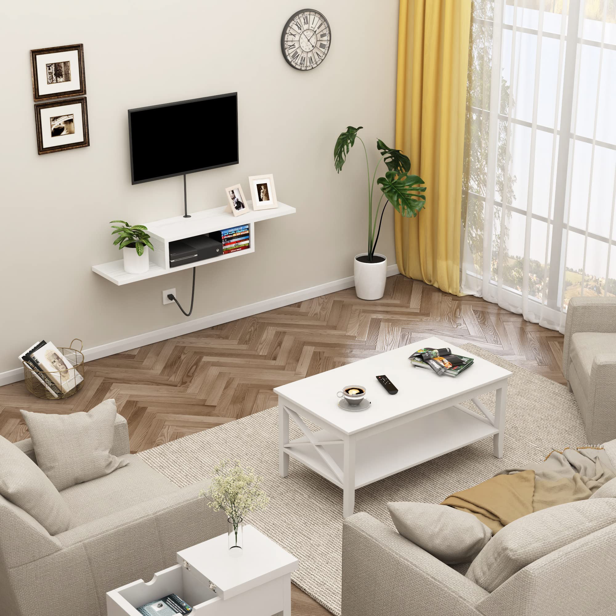 ChooChoo Floating TV Stand Shelf, Wall Mount Entertainment Center Media Console for Living Room, Bedroom, White - Image 4