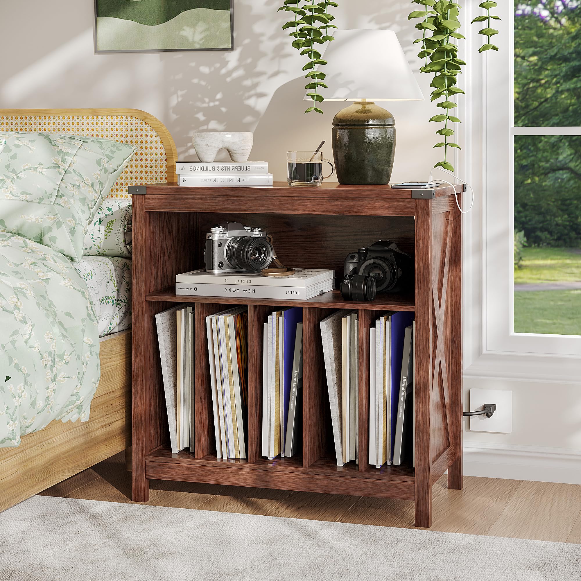 ChooChoo Large Record Player Stand with Charging Station & LED Light, Vinyl Record Holder hold up to 300 Albums, Farmhouse End Table for Bedroom, Living Room, Walnut - Image 4