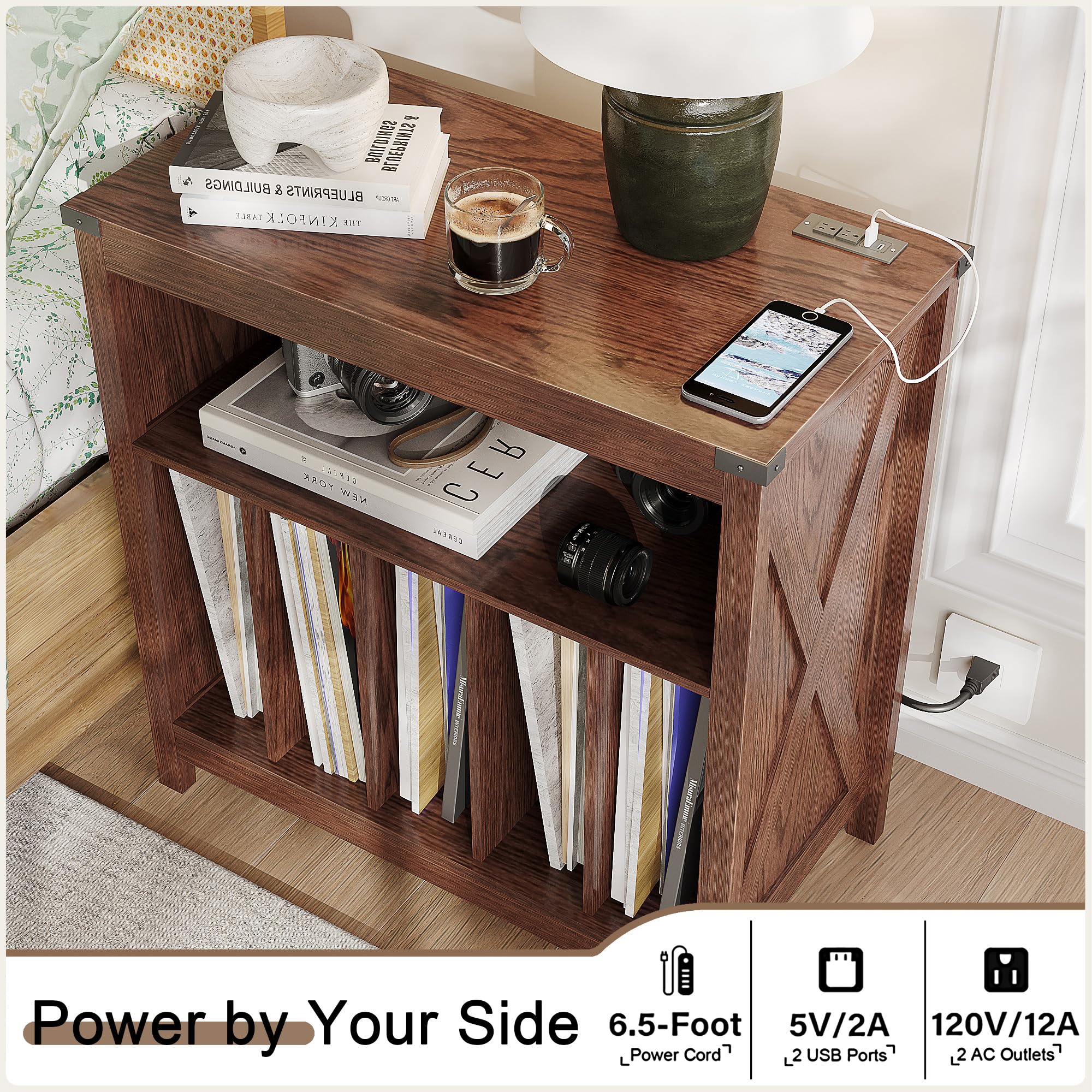ChooChoo Large Record Player Stand with Charging Station & LED Light, Vinyl Record Holder hold up to 300 Albums, Farmhouse End Table for Bedroom, Living Room, Walnut - Image 5