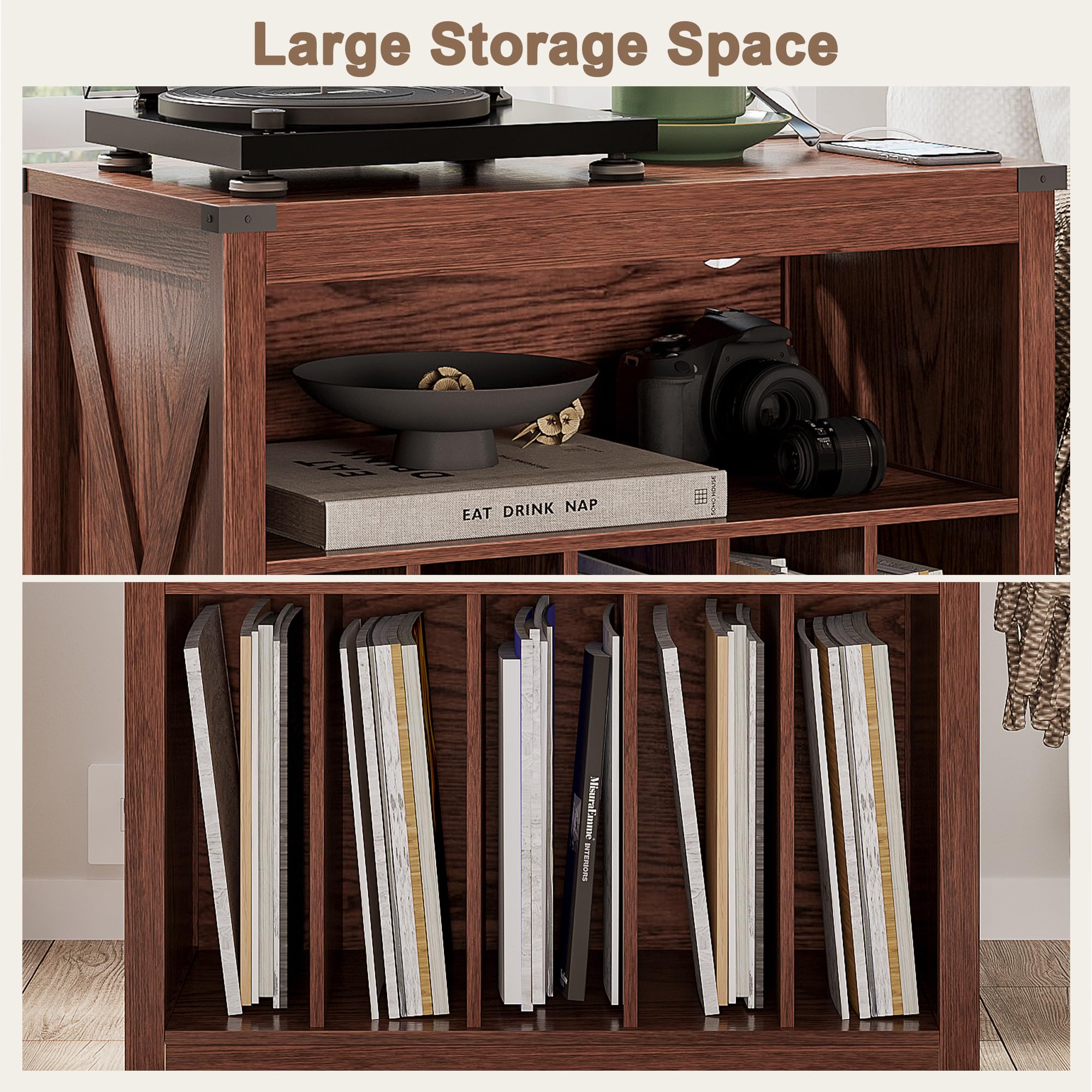 ChooChoo Large Record Player Stand with Charging Station & LED Light, Vinyl Record Holder hold up to 300 Albums, Farmhouse End Table for Bedroom, Living Room, Walnut - Image 6