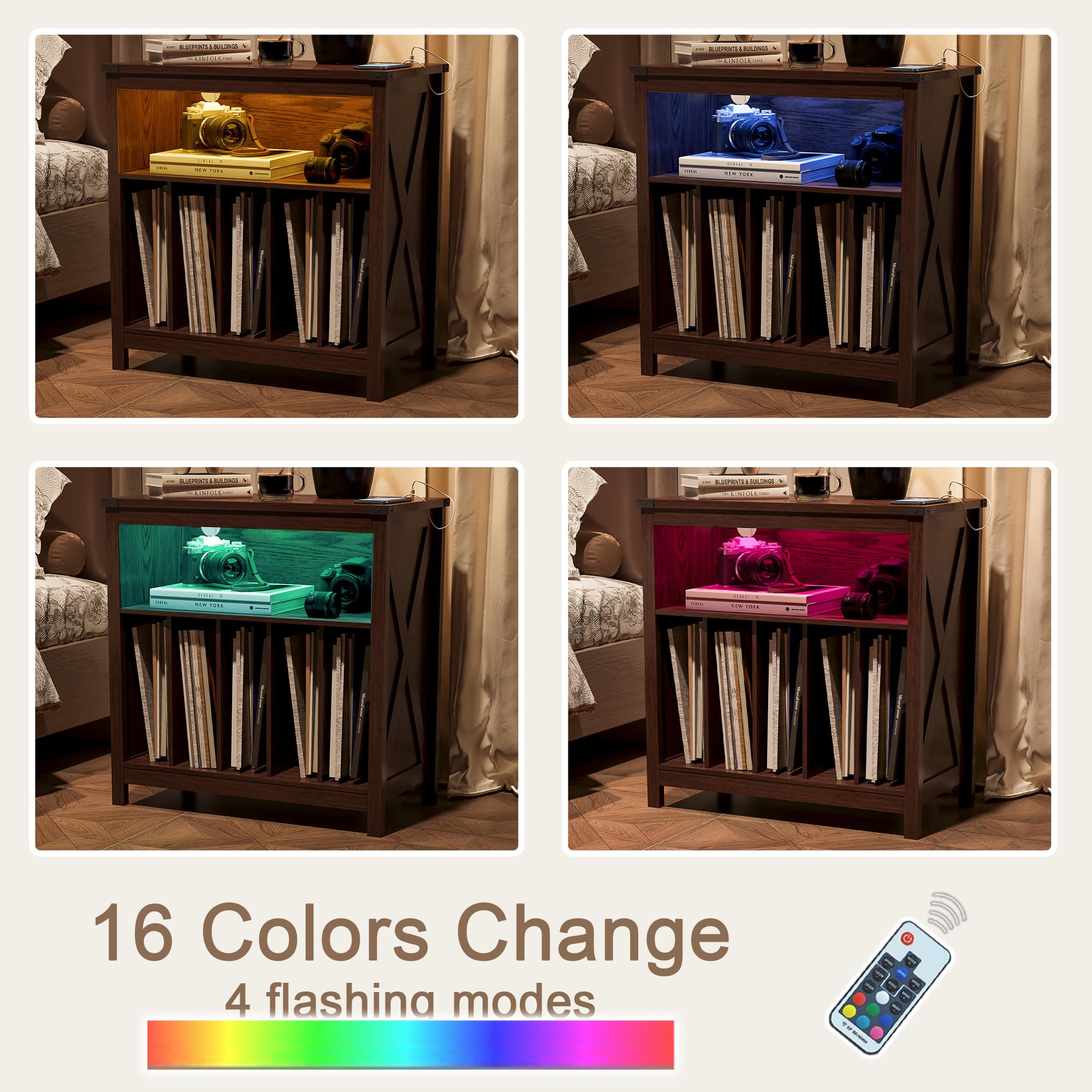 ChooChoo Large Record Player Stand with Charging Station & LED Light, Vinyl Record Holder hold up to 300 Albums, Farmhouse End Table for Bedroom, Living Room, Walnut - Image 7