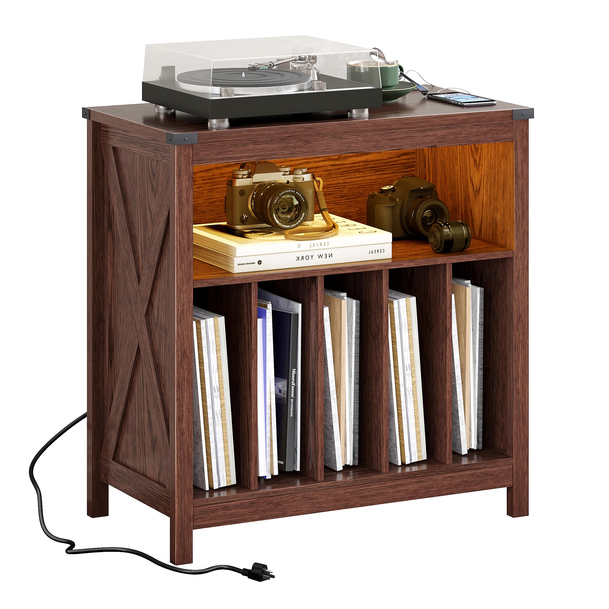 ChooChoo Large Record Player Stand with Charging Station & LED Light, Vinyl Record Holder hold up to 300 Albums, Farmhouse End Table for Bedroom, Living Room, Walnut - Image 8