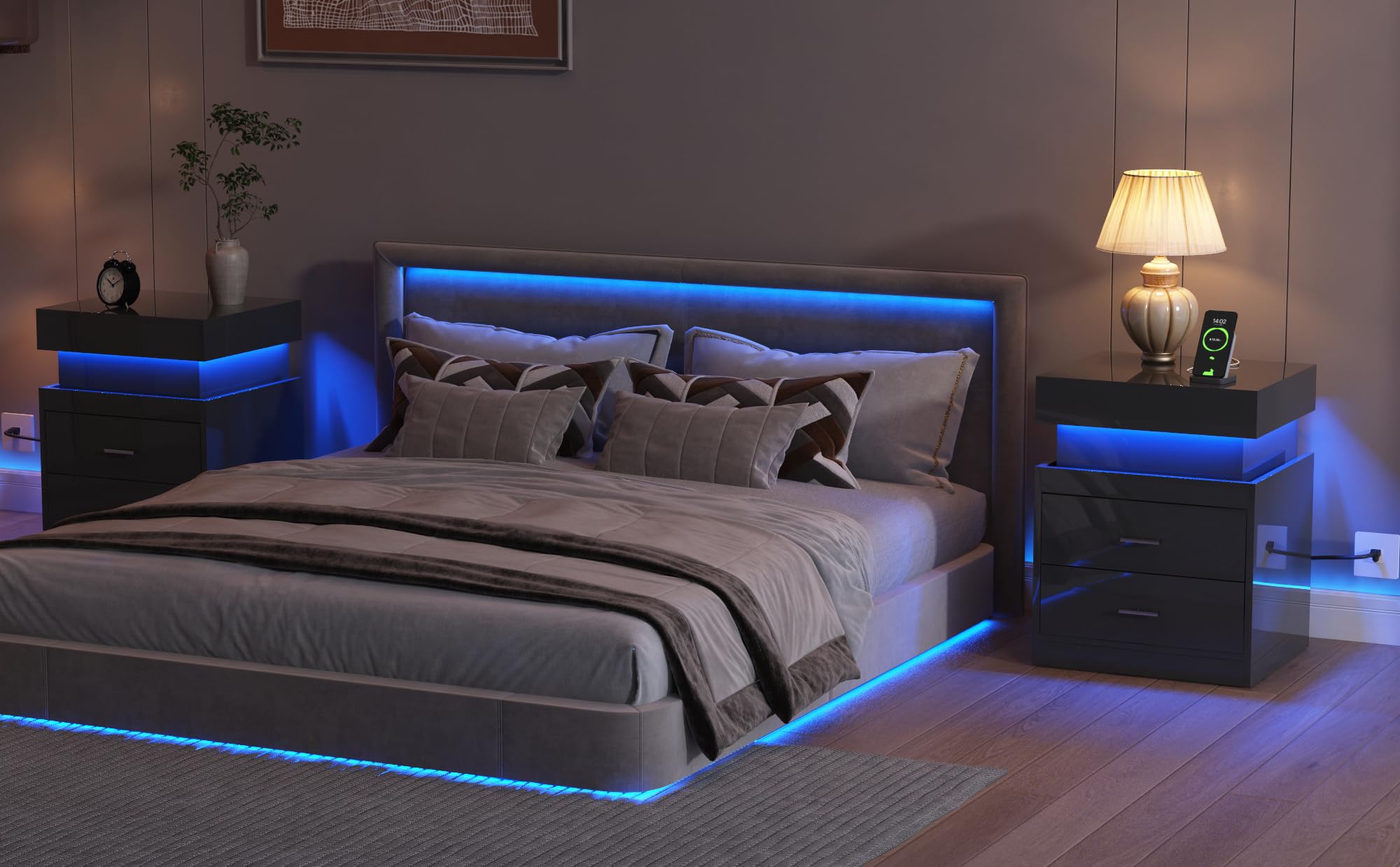 ChooChoo LED Nightstand with Charging Station,Smart Night Stand with Sliding Top Storage, 2-Drawers High Gloss Bedside Table, Modern End Table for Bedroom,Black - Image 6