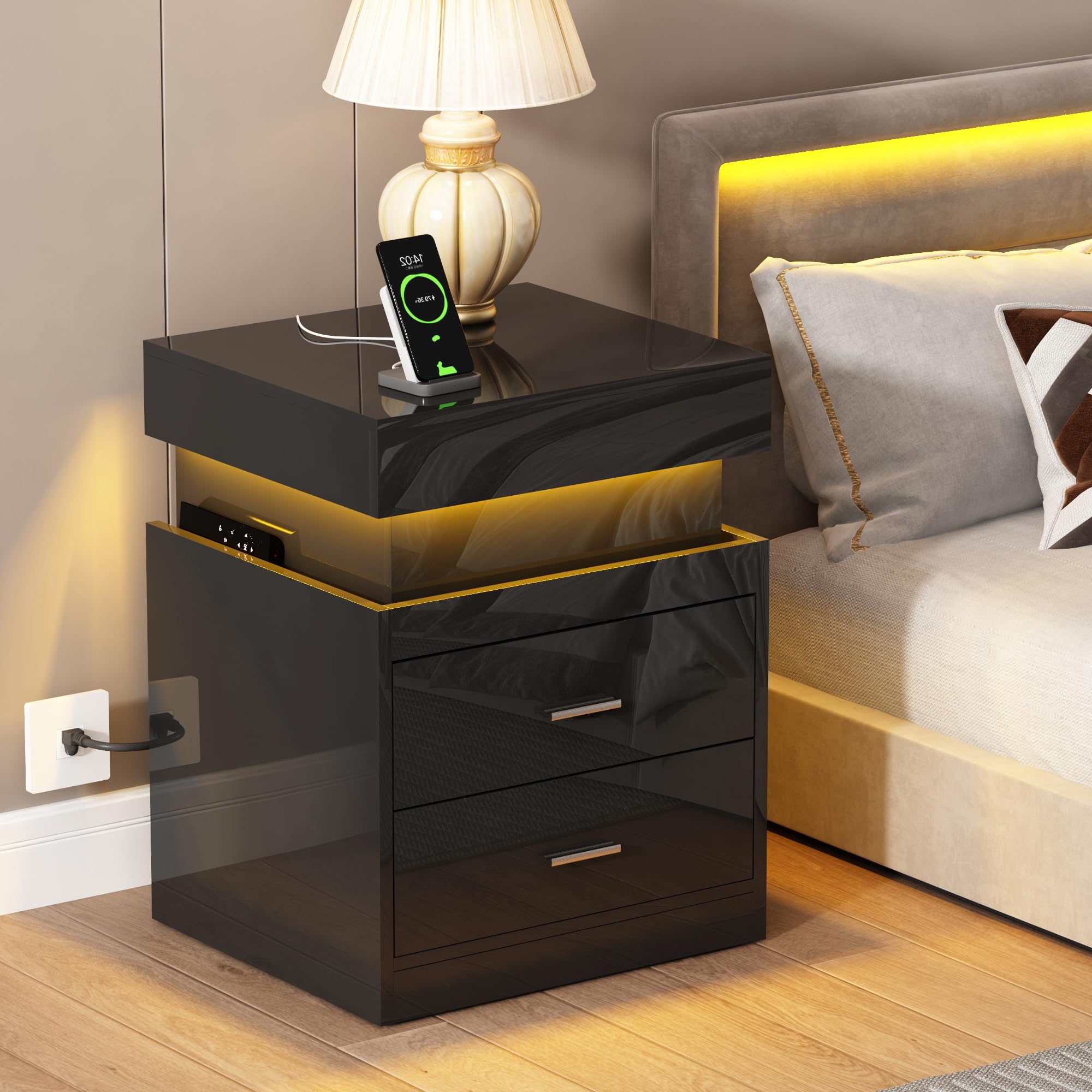 ChooChoo LED Nightstand with Charging Station,Smart Night Stand with Sliding Top Storage, 2-Drawers High Gloss Bedside Table, Modern End Table for Bedroom,Black - Image 7