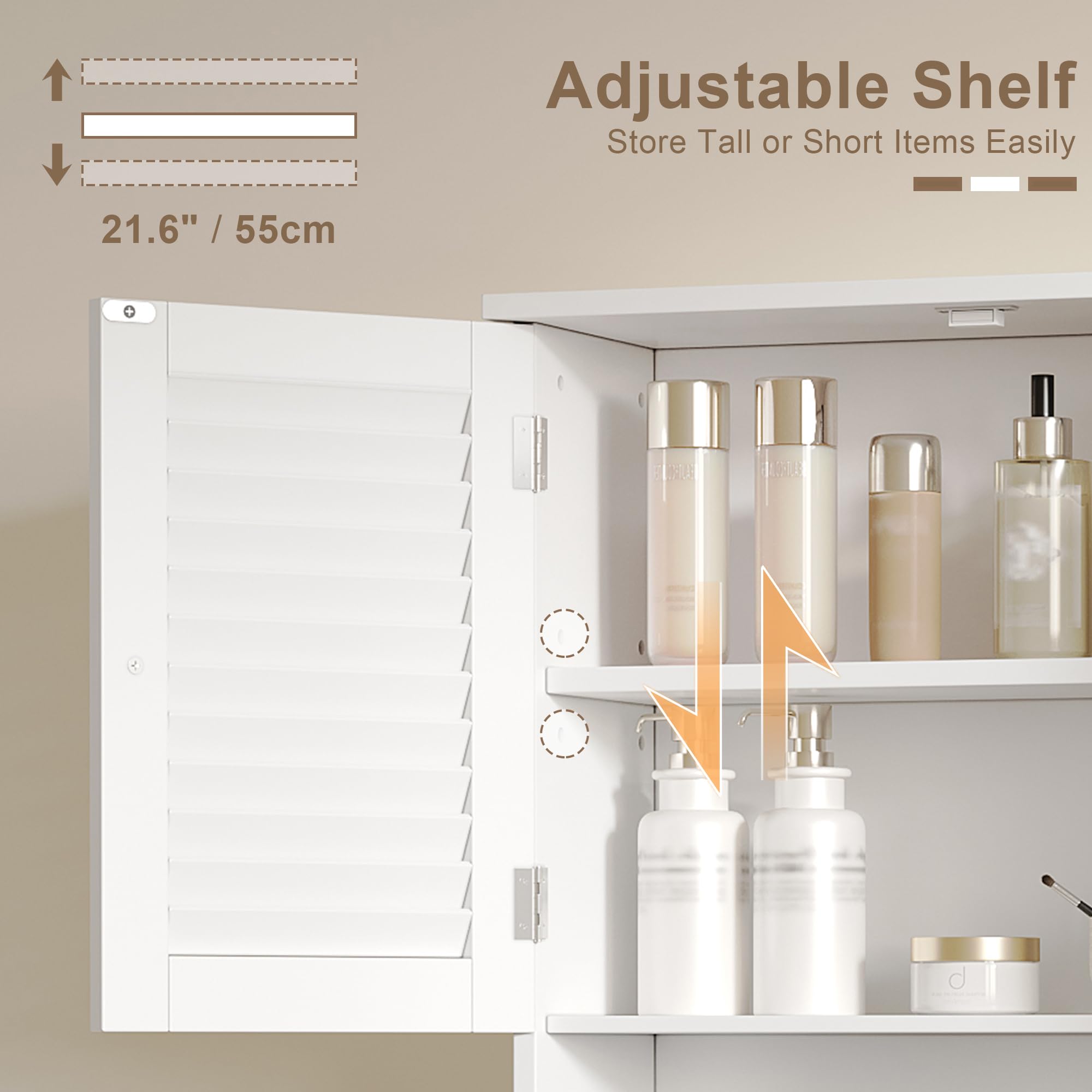 ChooChoo Medicine Cabinet, Bathroom Wall Cabinet, 2 Doors Over The Toilet Space Saver Storage Cabinet with Large Space, White - Image 6