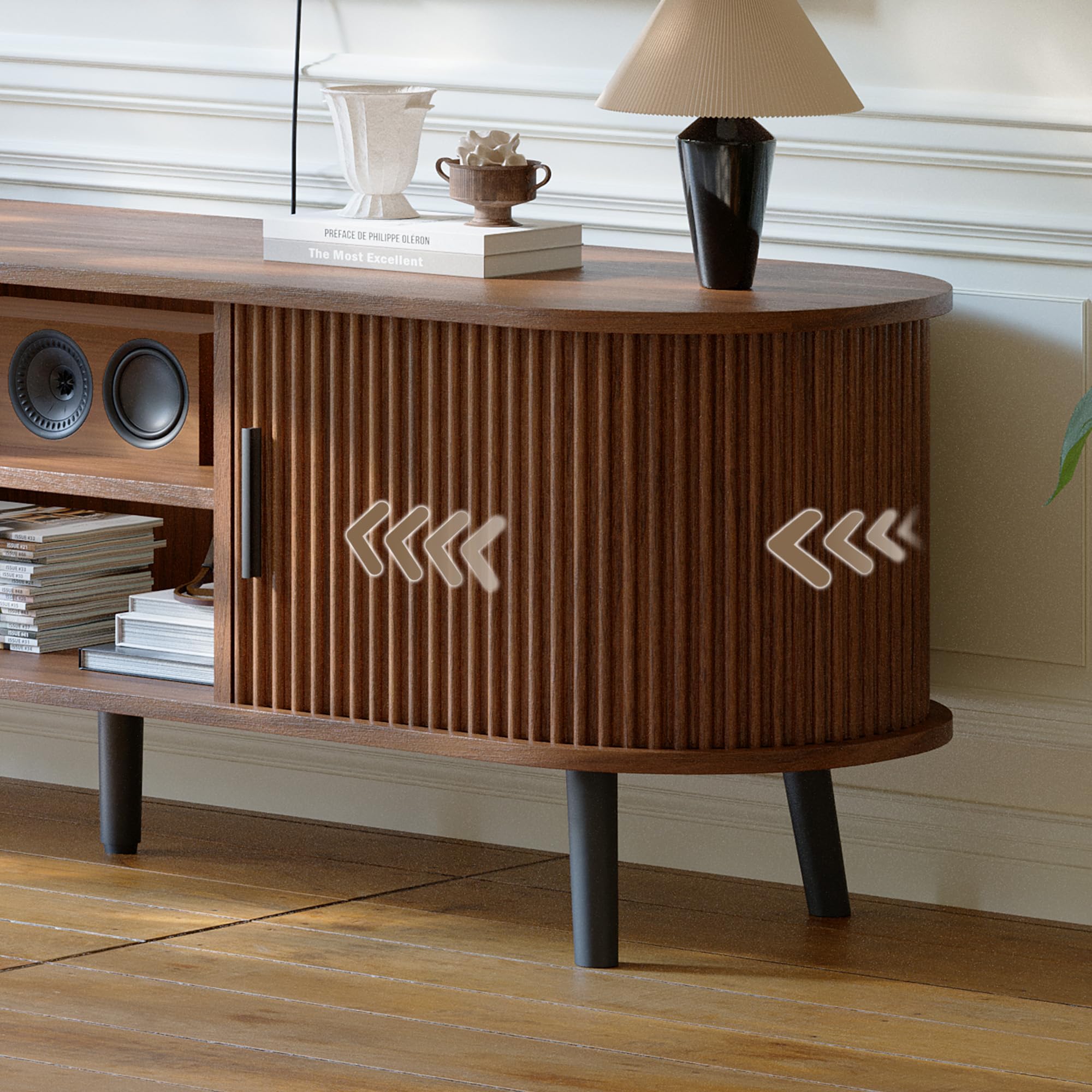 ChooChoo Mid Century Modern TV Stand for TVs up to 60 Inch, Entertainment Center with Fluted Sliding Doors and Hidden Storage, TV Console with Adjustable Shelf for Living Room, Bedroom, Walnut - Image 4