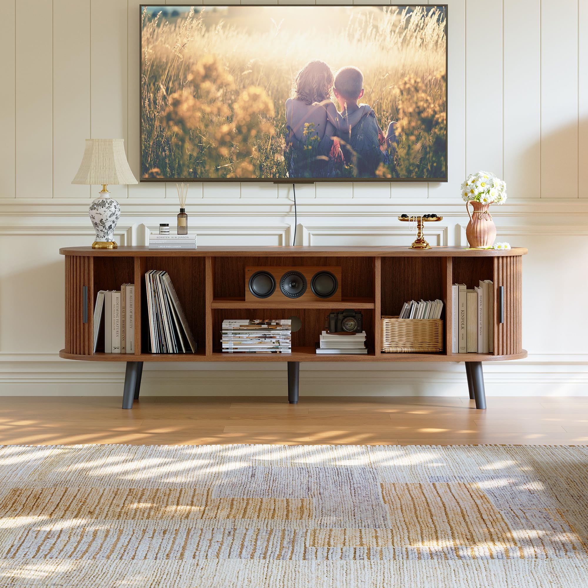 ChooChoo Mid Century Modern TV Stand for TVs up to 60 Inch, Entertainment Center with Fluted Sliding Doors and Hidden Storage, TV Console with Adjustable Shelf for Living Room, Bedroom, Walnut - Image 5