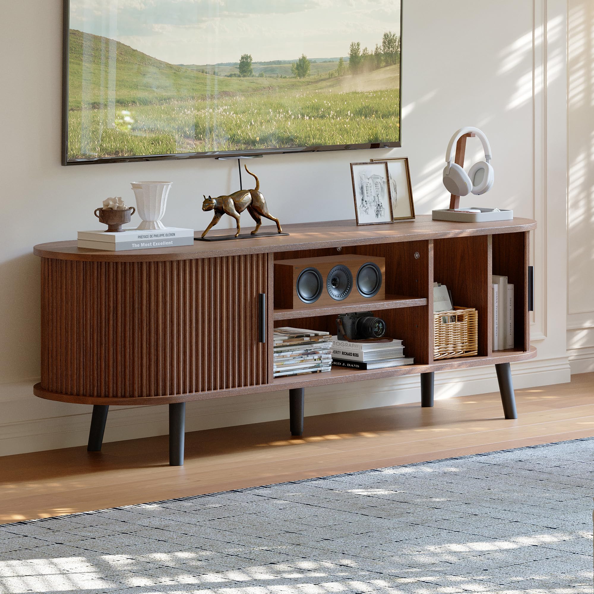 ChooChoo Mid Century Modern TV Stand for TVs up to 60 Inch, Entertainment Center with Fluted Sliding Doors and Hidden Storage, TV Console with Adjustable Shelf for Living Room, Bedroom, Walnut - Image 6