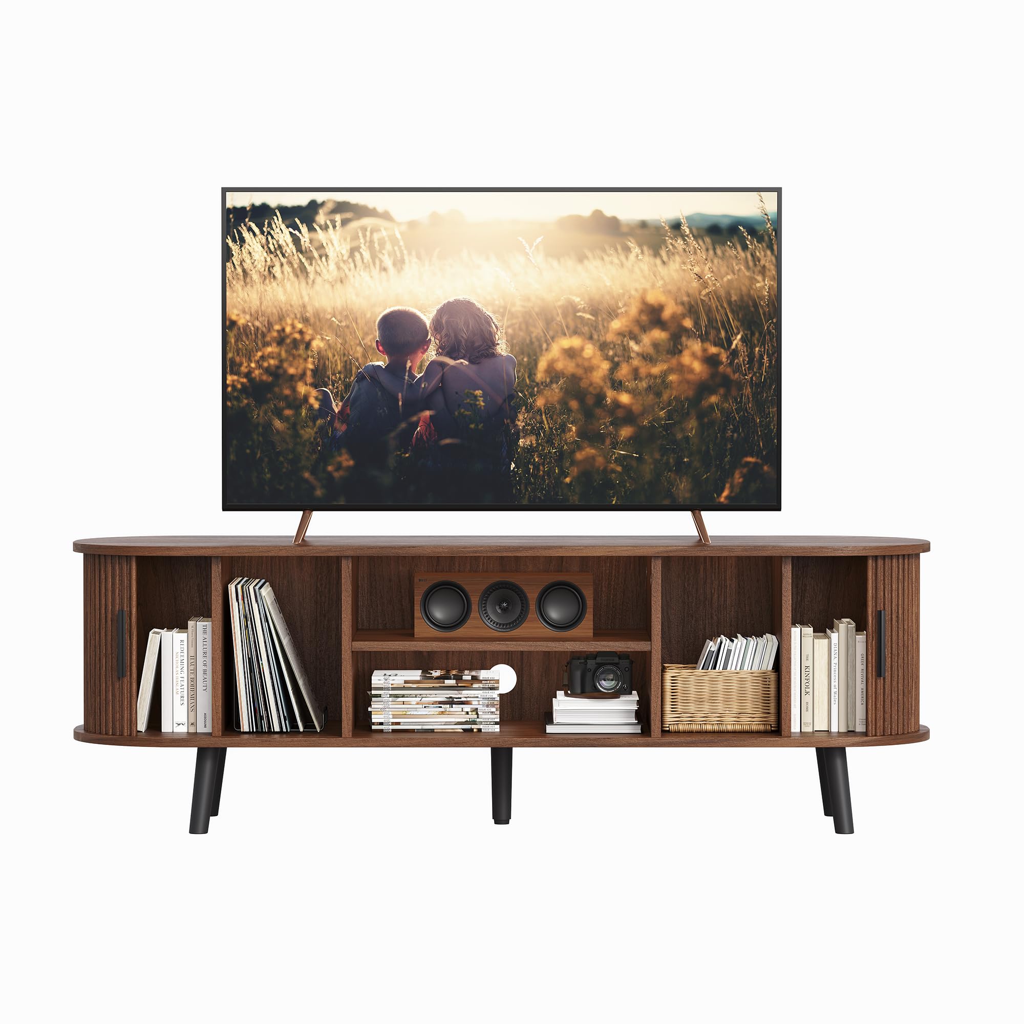 ChooChoo Mid Century Modern TV Stand for TVs up to 60 Inch, Entertainment Center with Fluted Sliding Doors and Hidden Storage, TV Console with Adjustable Shelf for Living Room, Bedroom, Walnut - Image 7