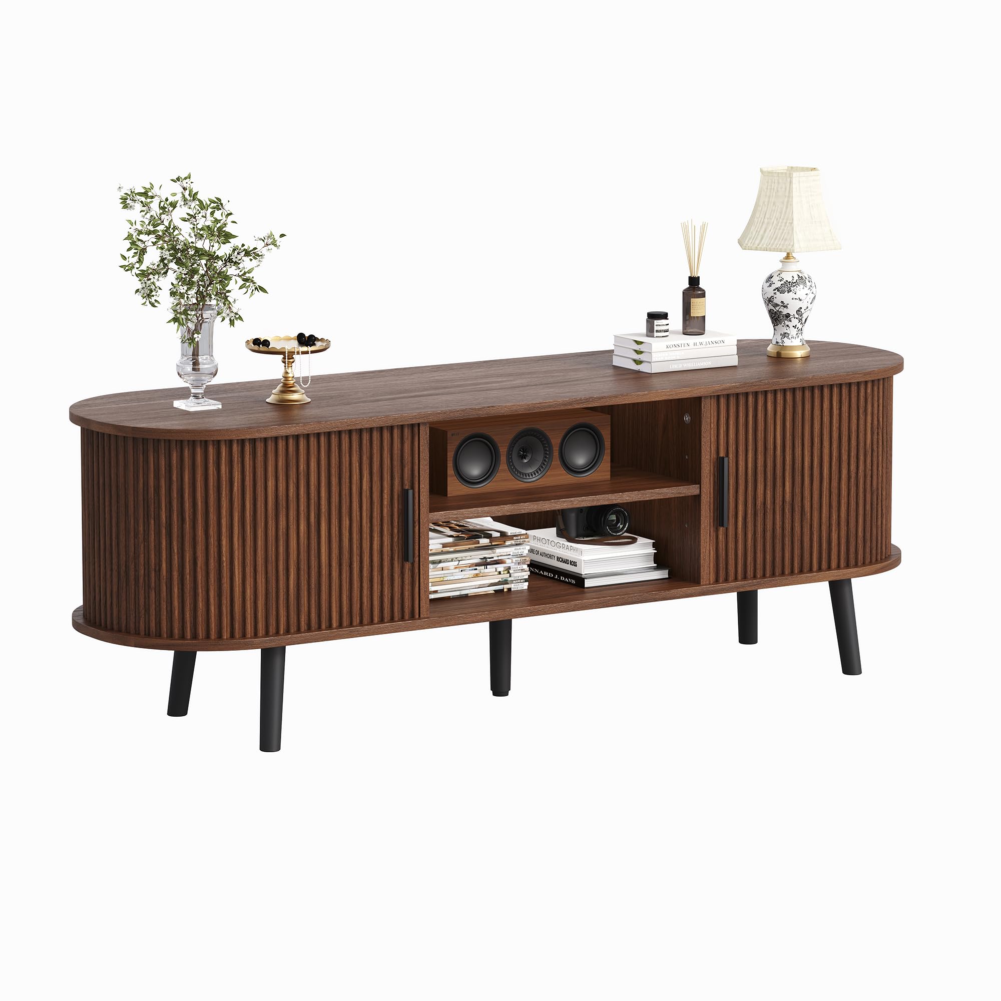 ChooChoo Mid Century Modern TV Stand for TVs up to 60 Inch, Entertainment Center with Fluted Sliding Doors and Hidden Storage, TV Console with Adjustable Shelf for Living Room, Bedroom, Walnut - Image 8