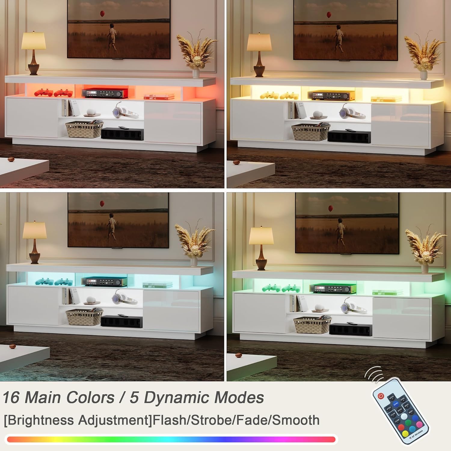 ChooChoo Modern LED TV Stand for 50/55/60/65 Inch TV, High Glossy Entertainment Center with 2 Storage Cabinets, Media Console with 5 Open Shelves for Living Room, Bedroom, White - Image 4