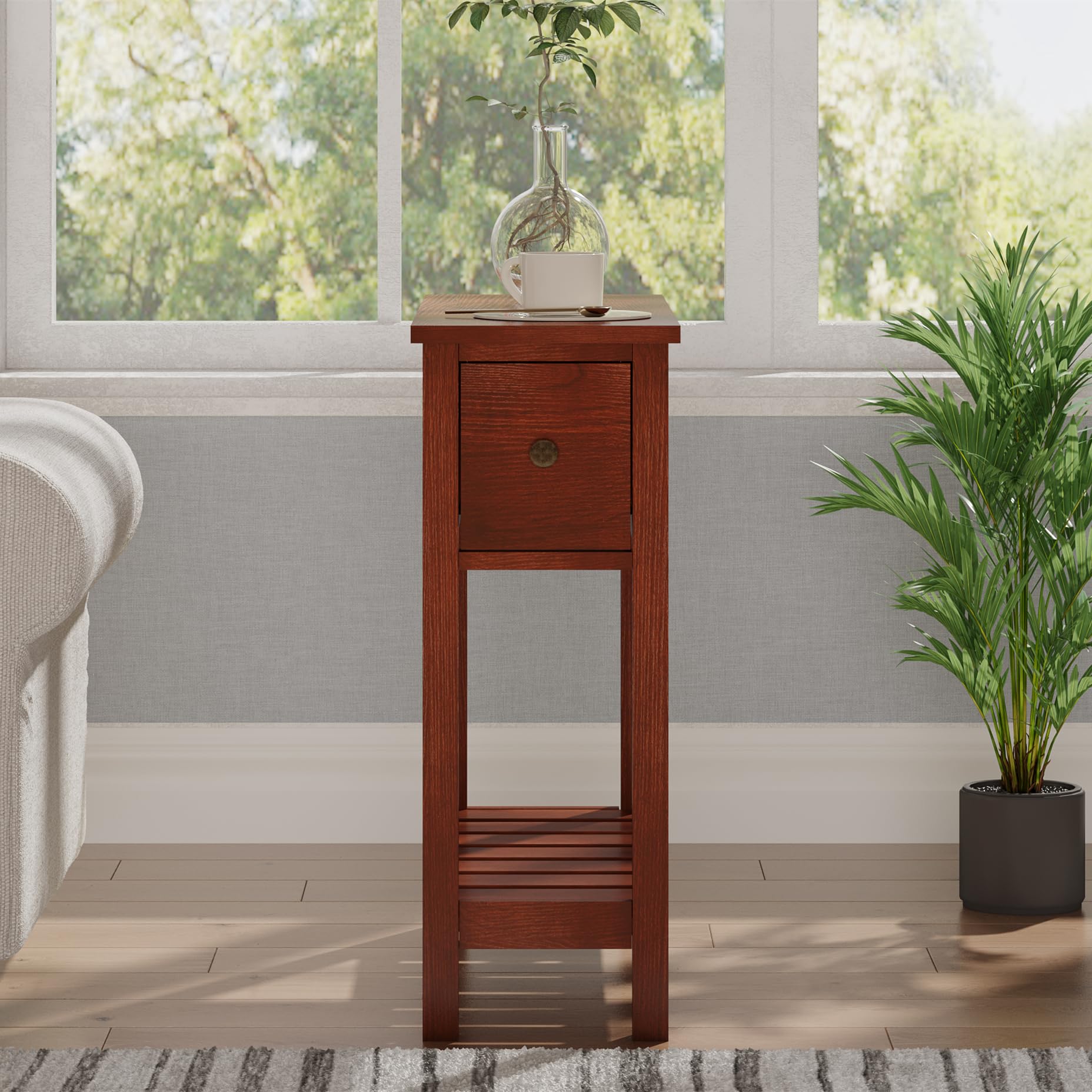 ChooChoo Narrow End Table, Small Side Table for Small Spaces, Slim End Table with Drawer, Narrow Nightstand Bedside Table for Living Room Bedroom, Cherry Brown, 2 Pack - Image 5
