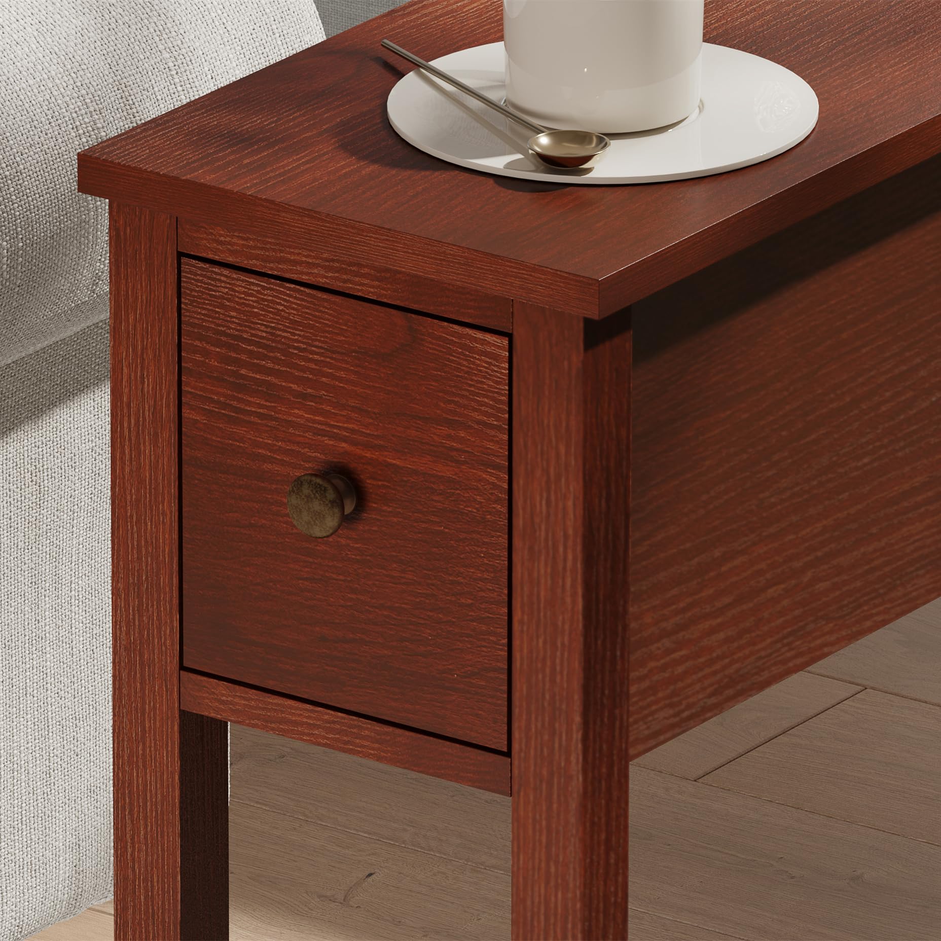 ChooChoo Narrow End Table, Small Side Table for Small Spaces, Slim End Table with Drawer, Narrow Nightstand Bedside Table for Living Room Bedroom, Cherry Brown, 2 Pack - Image 6