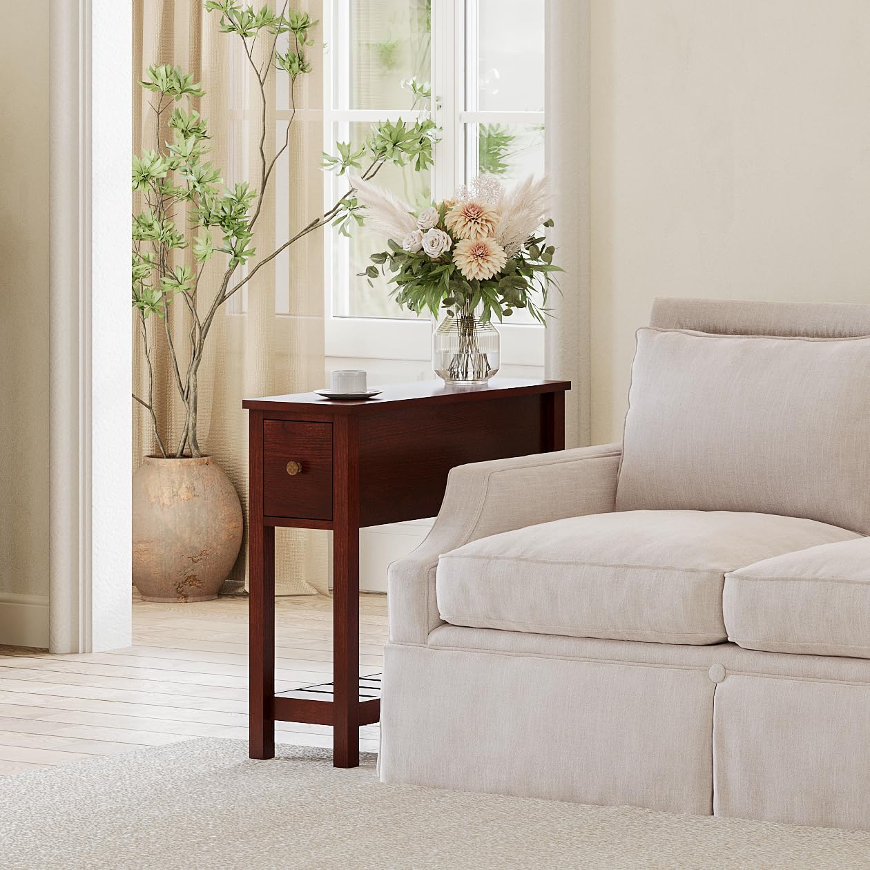 ChooChoo Narrow End Table, Small Side Table for Small Spaces, Slim End Table with Drawer, Narrow Nightstand Bedside Table for Living Room Bedroom, Cherry Brown, 2 Pack - Image 9