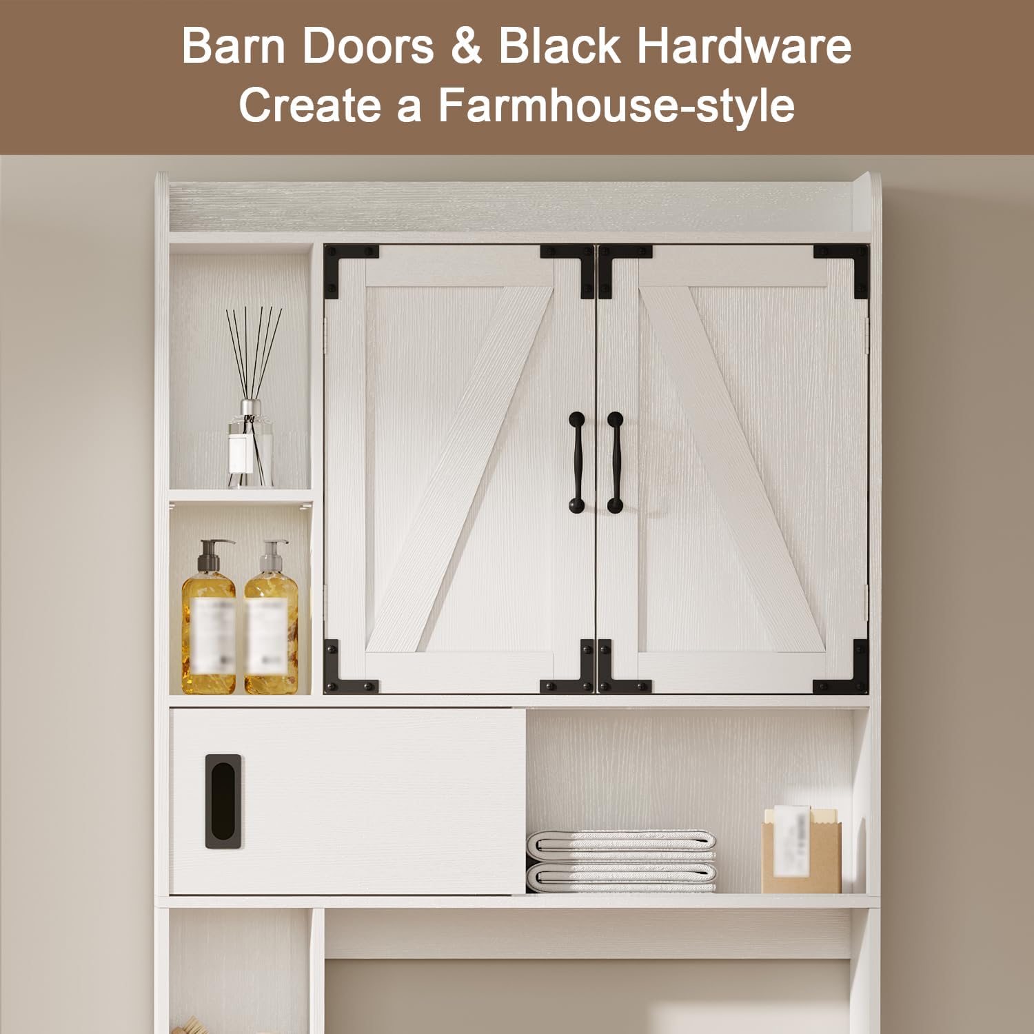 ChooChoo Over The Toilet Storage Cabinet, Farmhouse Bathroom Storage Cabinet with Sliding Door, Over Toilet Storage with Adjustable Shelves, Space-Saving, Antique White - Image 3