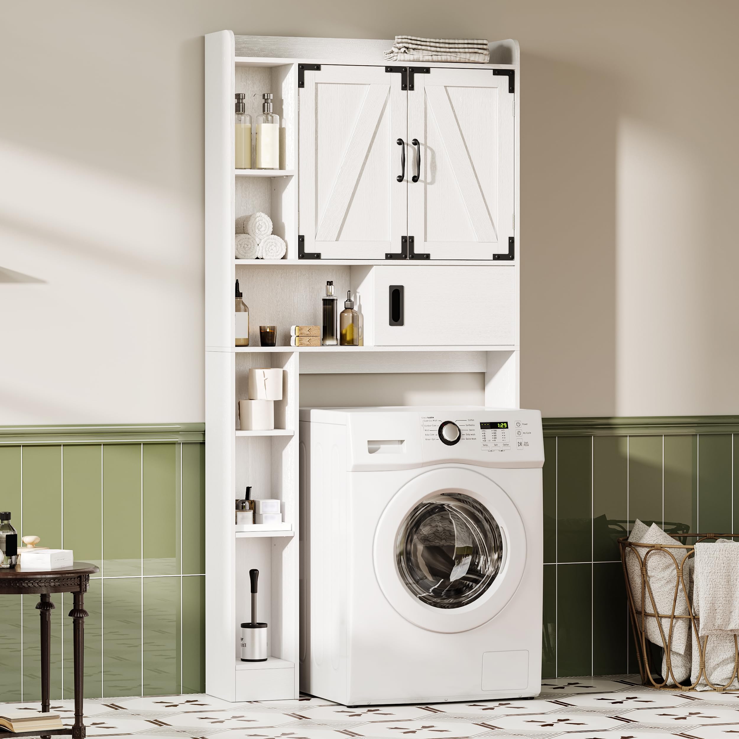 ChooChoo Over The Toilet Storage Cabinet, Farmhouse Bathroom Storage Cabinet with Sliding Door, Over Toilet Storage with Adjustable Shelves, Space-Saving, Antique White - Image 5