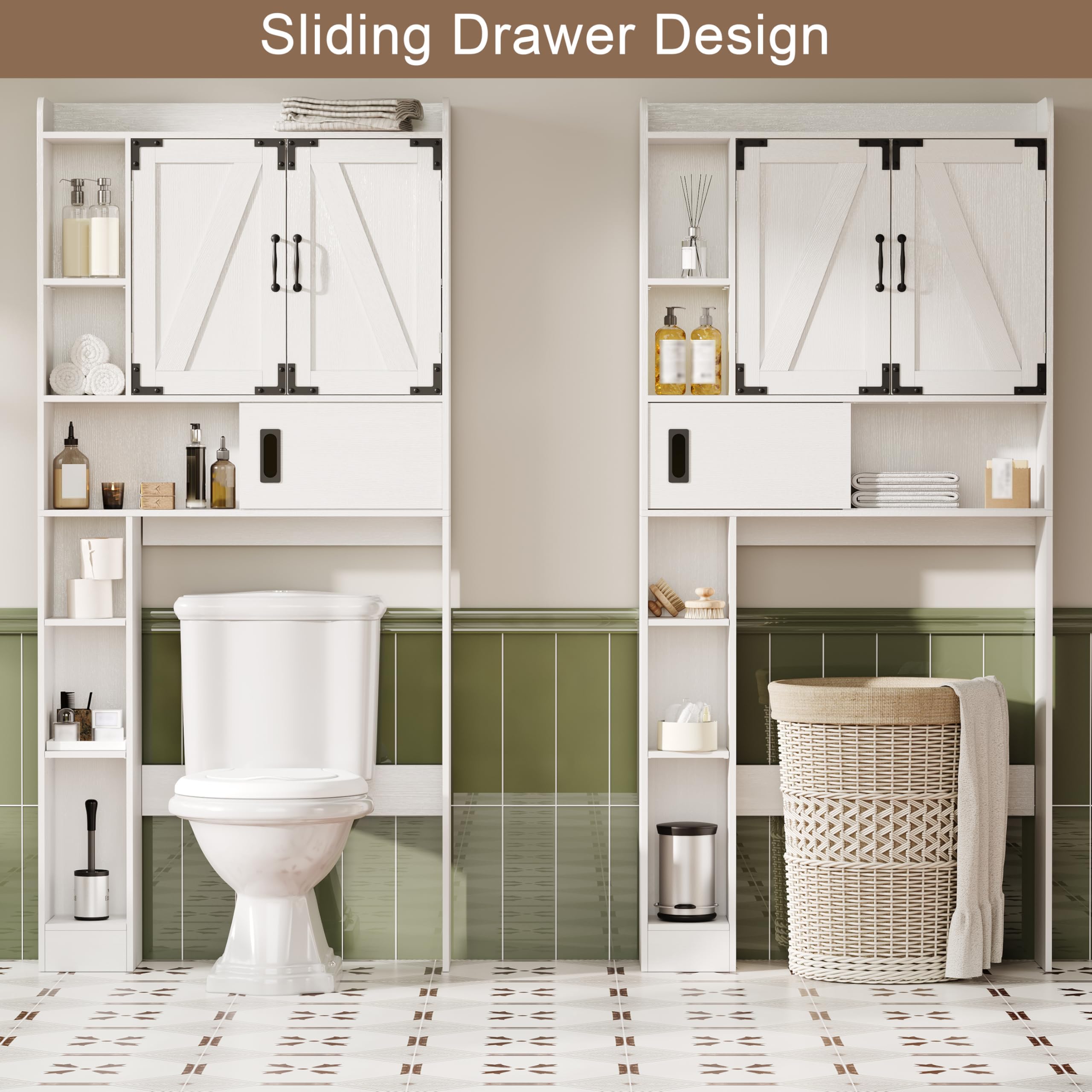 ChooChoo Over The Toilet Storage Cabinet, Farmhouse Bathroom Storage Cabinet with Sliding Door, Over Toilet Storage with Adjustable Shelves, Space-Saving, Antique White - Image 6