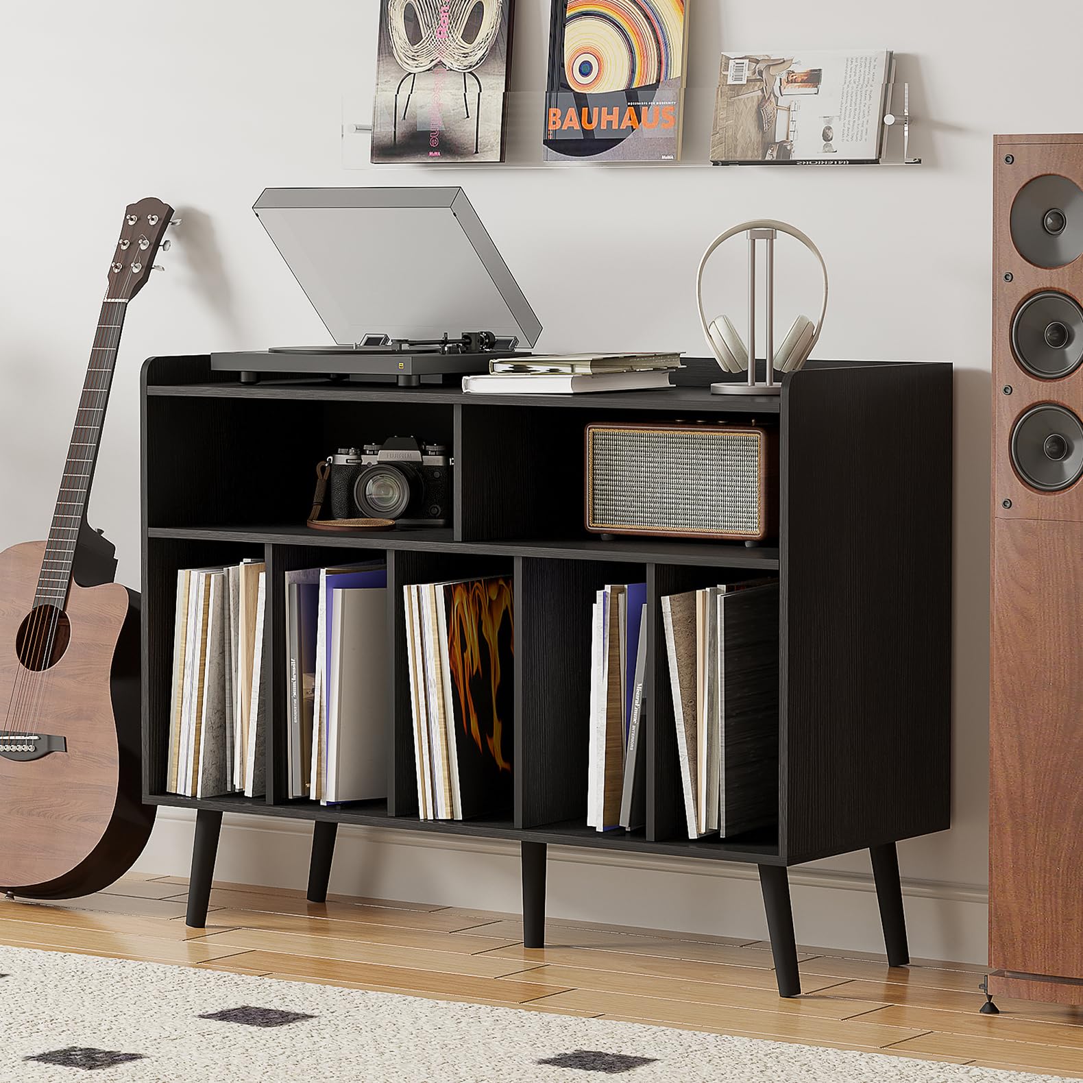 ChooChoo Record Player Stand, Turntable Stand with Vinyl Storage, Record Player Cabinet Up to 350 Albums, Cube Storage Organizer for Living Room, Black - Image 9