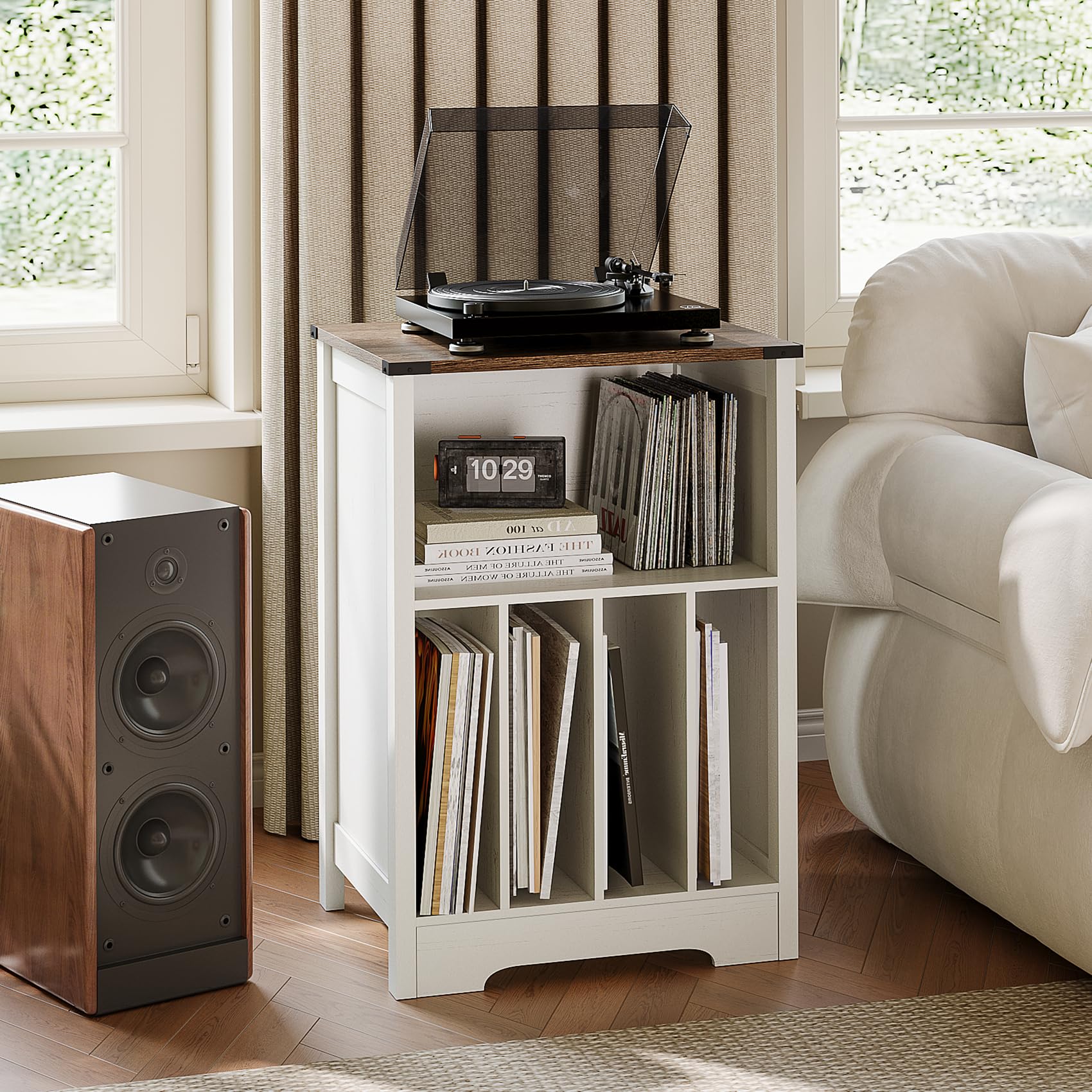 ChooChoo Record Player Stand, Vinyl Record Storage Cabinet, Turntable Stand Holds up to 160 Albums, Record Player Table Display Shelf for Living Room, Bedroom, Office, Rustic White - Image 3