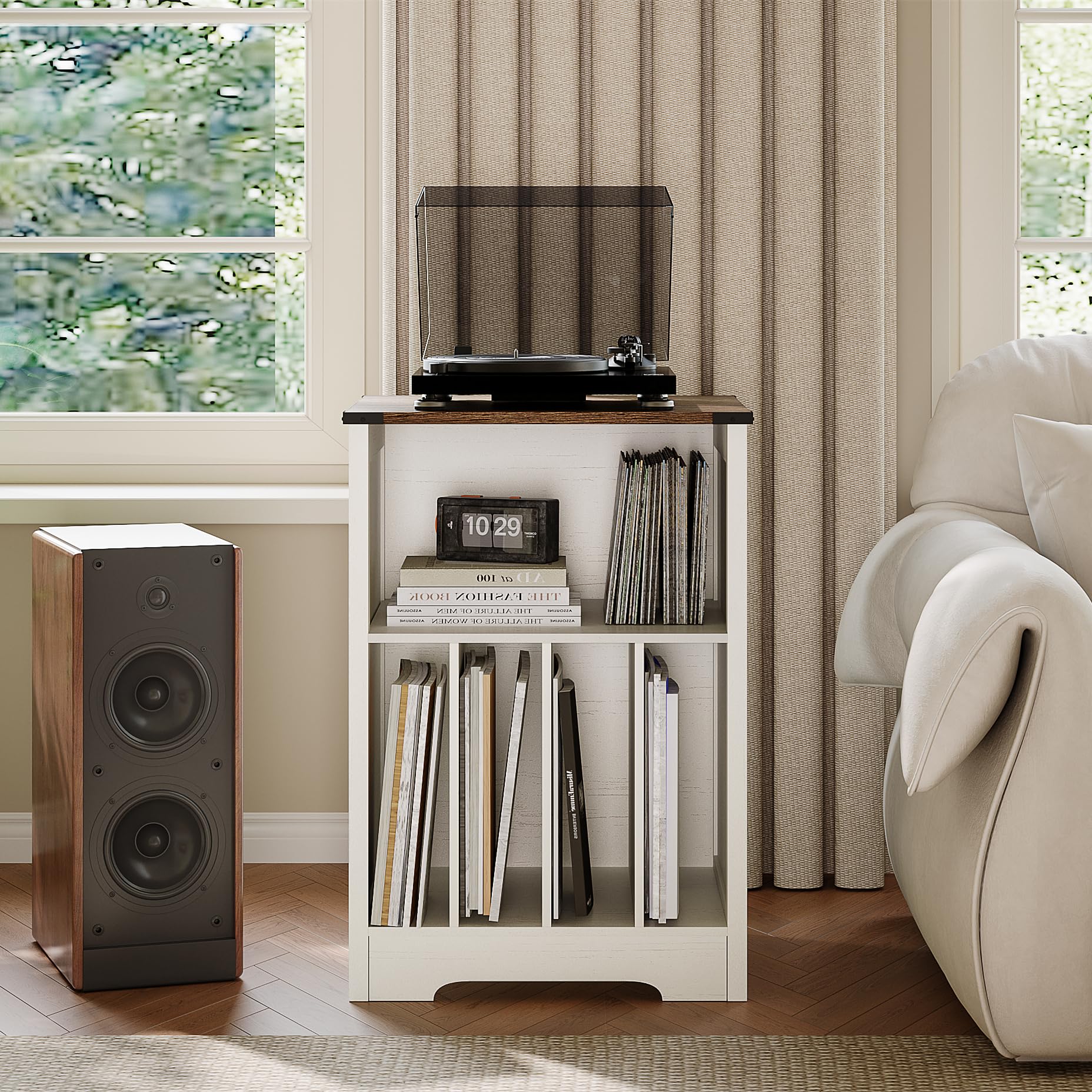 ChooChoo Record Player Stand, Vinyl Record Storage Cabinet, Turntable Stand Holds up to 160 Albums, Record Player Table Display Shelf for Living Room, Bedroom, Office, Rustic White - Image 4