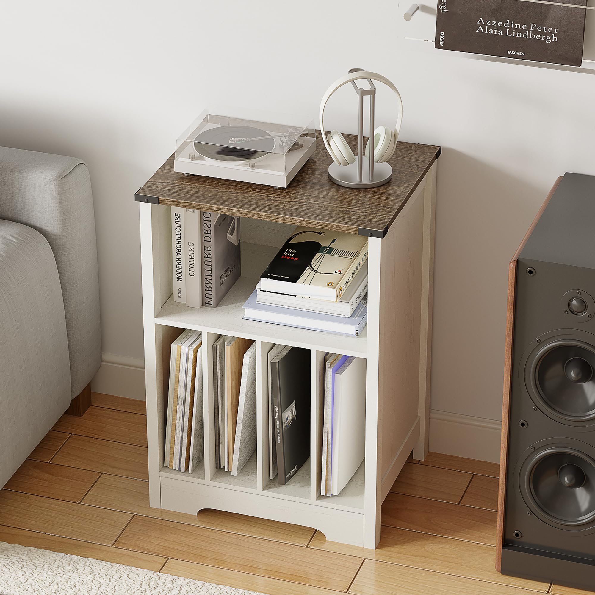 ChooChoo Record Player Stand, Vinyl Record Storage Cabinet, Turntable Stand Holds up to 160 Albums, Record Player Table Display Shelf for Living Room, Bedroom, Office, Rustic White - Image 6