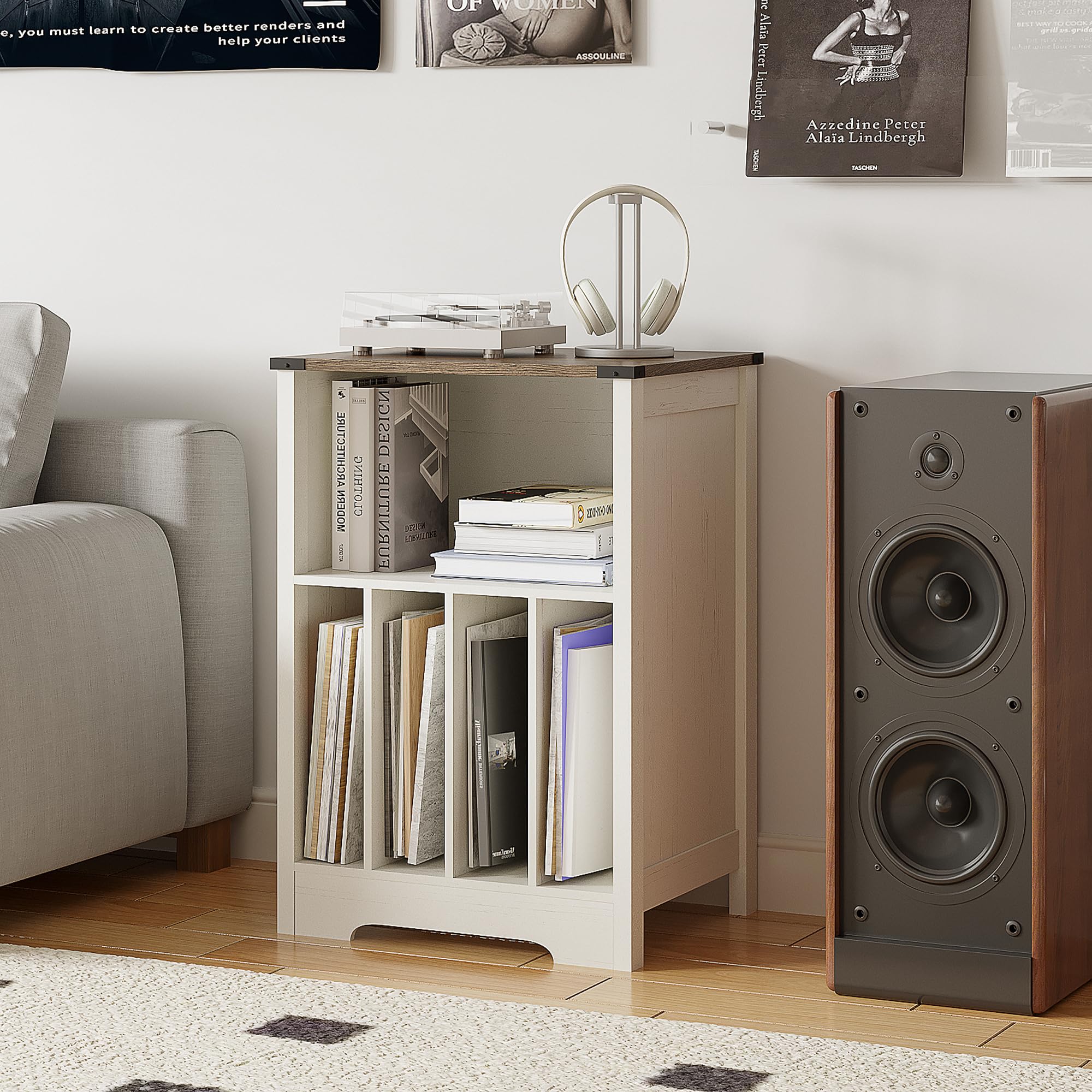 ChooChoo Record Player Stand, Vinyl Record Storage Cabinet, Turntable Stand Holds up to 160 Albums, Record Player Table Display Shelf for Living Room, Bedroom, Office, Rustic White - Image 7