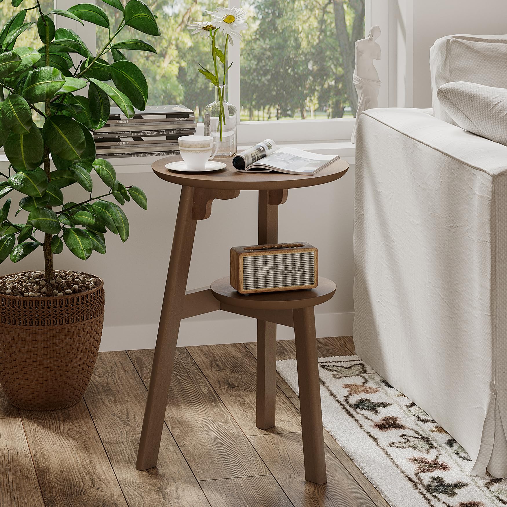 ChooChoo Round End Table for Small Spaces, Narrow Side Table, Accent Table Night Stand with 2 Tier Shelf for Bedroom and Living Room, Walnut - Image 3