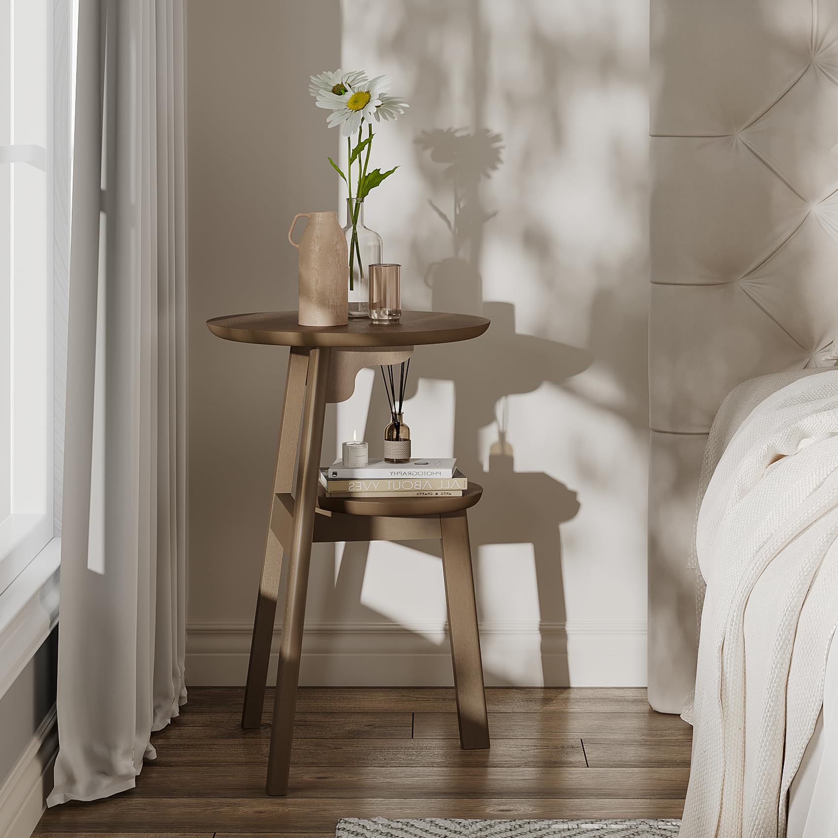 ChooChoo Round End Table for Small Spaces, Narrow Side Table, Accent Table Night Stand with 2 Tier Shelf for Bedroom and Living Room, Walnut - Image 6