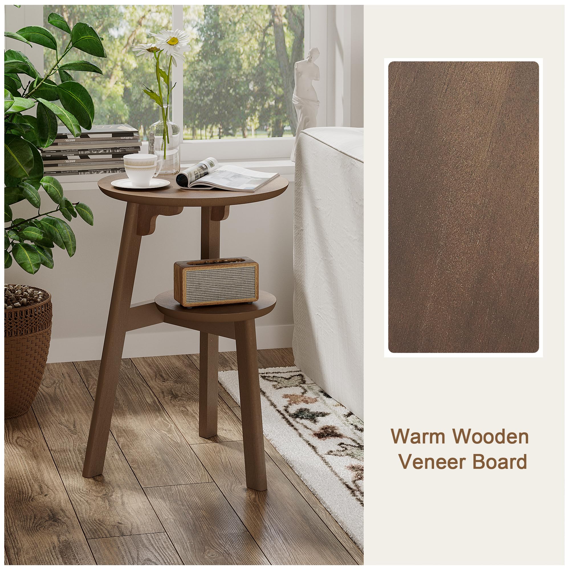 ChooChoo Round End Table for Small Spaces, Narrow Side Table, Accent Table Night Stand with 2 Tier Shelf for Bedroom and Living Room, Walnut - Image 7