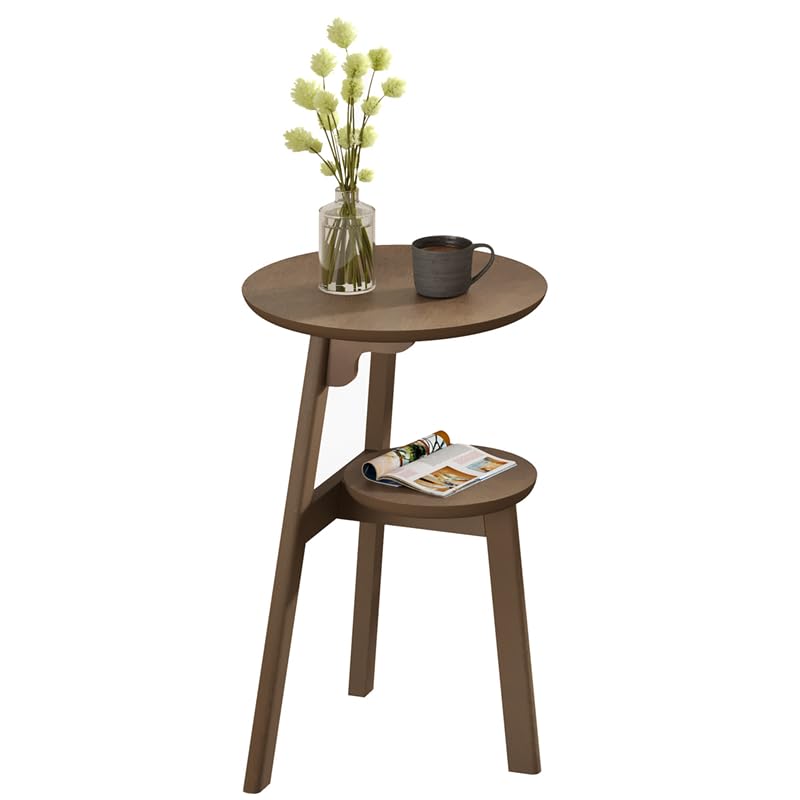 ChooChoo Round End Table for Small Spaces, Narrow Side Table, Accent Table Night Stand with 2 Tier Shelf for Bedroom and Living Room, Walnut - Image 8