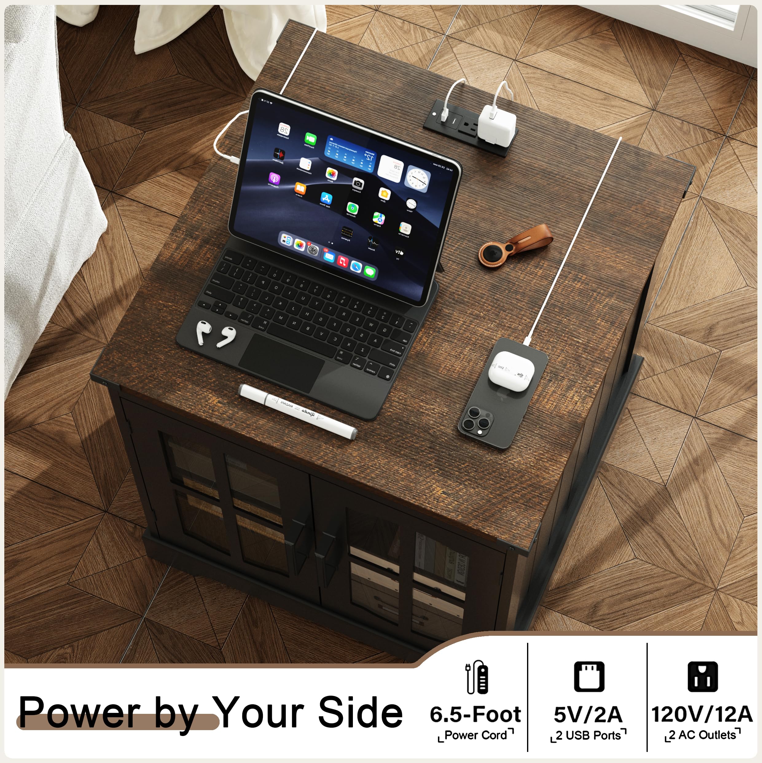 ChooChoo Rustic End Table, 24" Large Sofa Side Table with Charging Station & LED Light, Black Nightstand with Adjustable Storage Shelf, Square Bedside Table for Living Room, Bedroom, Office - Image 3