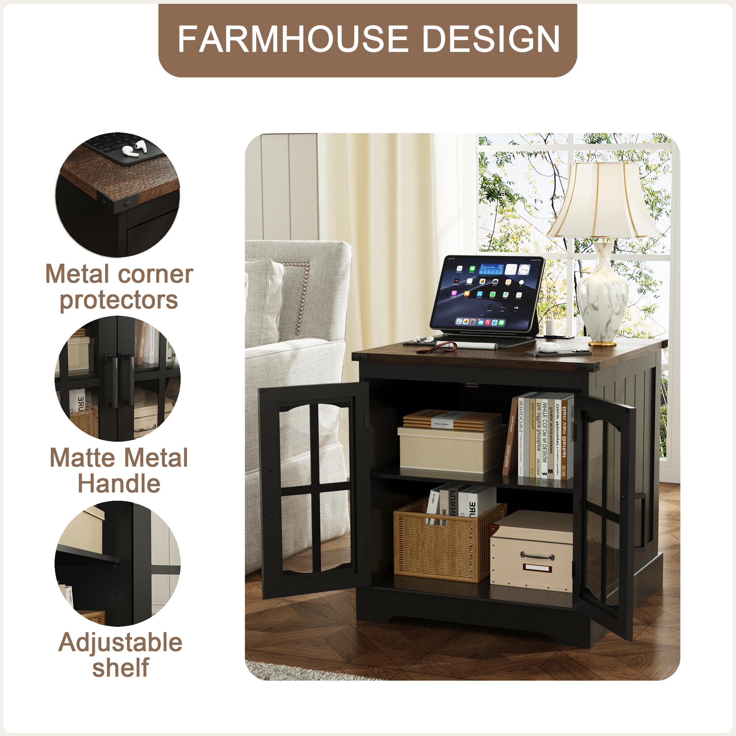 ChooChoo Rustic End Table, 24" Large Sofa Side Table with Charging Station & LED Light, Black Nightstand with Adjustable Storage Shelf, Square Bedside Table for Living Room, Bedroom, Office - Image 4