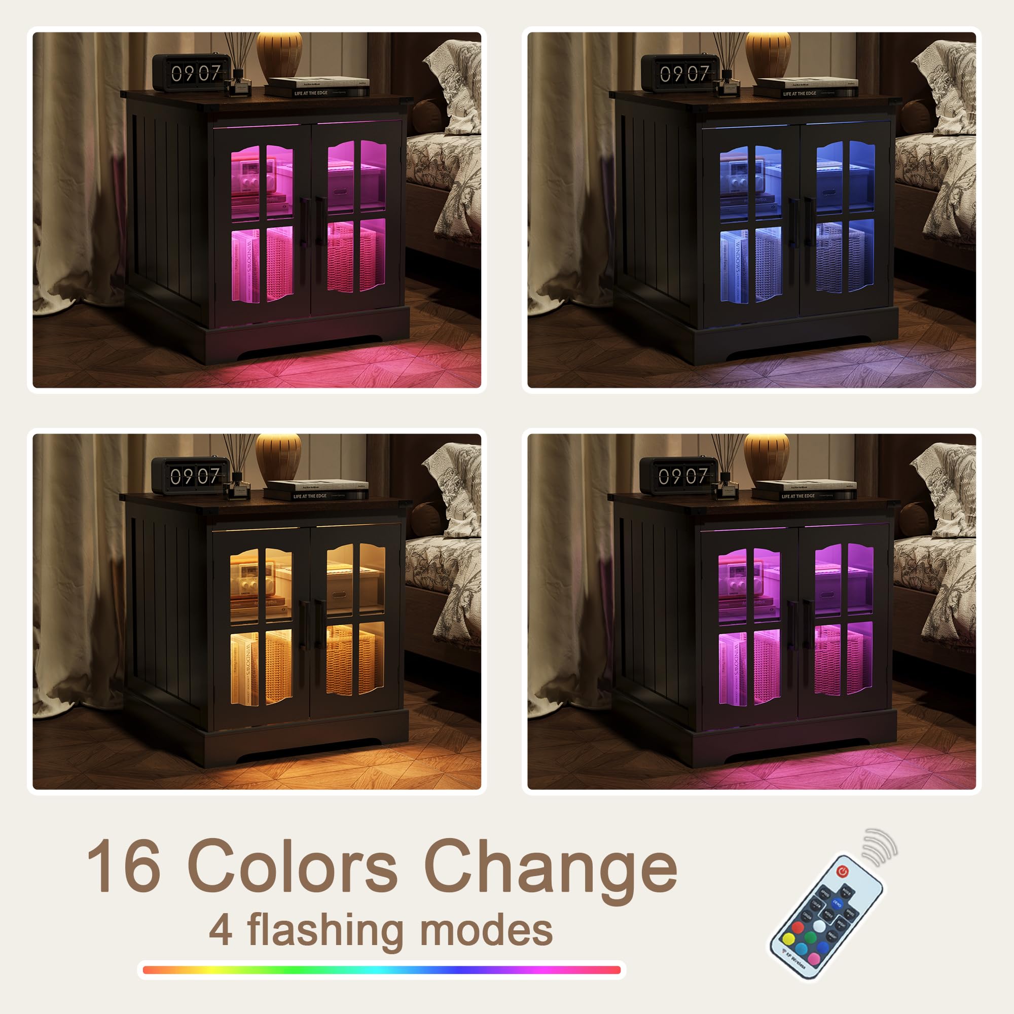 ChooChoo Rustic End Table, 24" Large Sofa Side Table with Charging Station & LED Light, Black Nightstand with Adjustable Storage Shelf, Square Bedside Table for Living Room, Bedroom, Office - Image 5