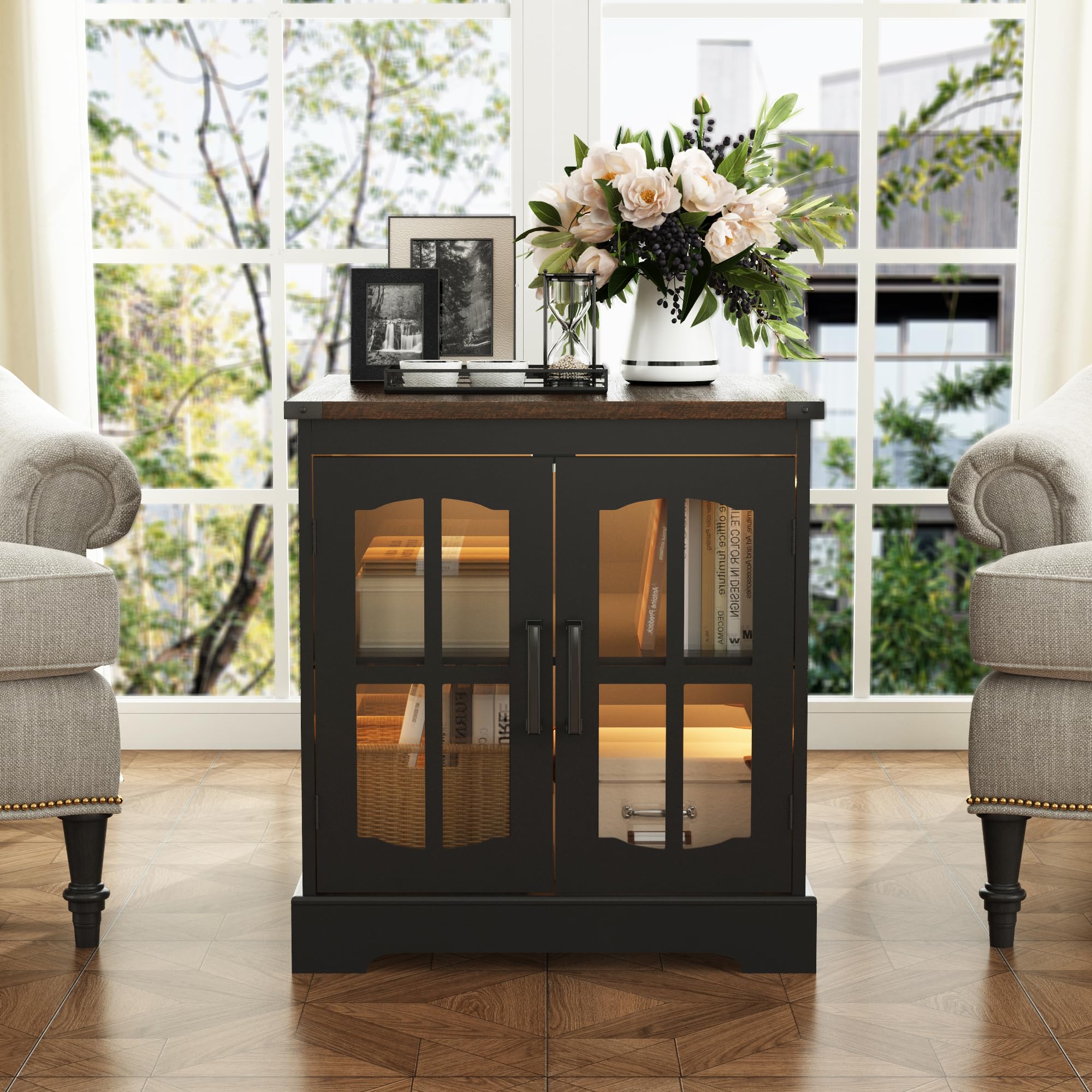 ChooChoo Rustic End Table, 24" Large Sofa Side Table with Charging Station & LED Light, Black Nightstand with Adjustable Storage Shelf, Square Bedside Table for Living Room, Bedroom, Office - Image 6