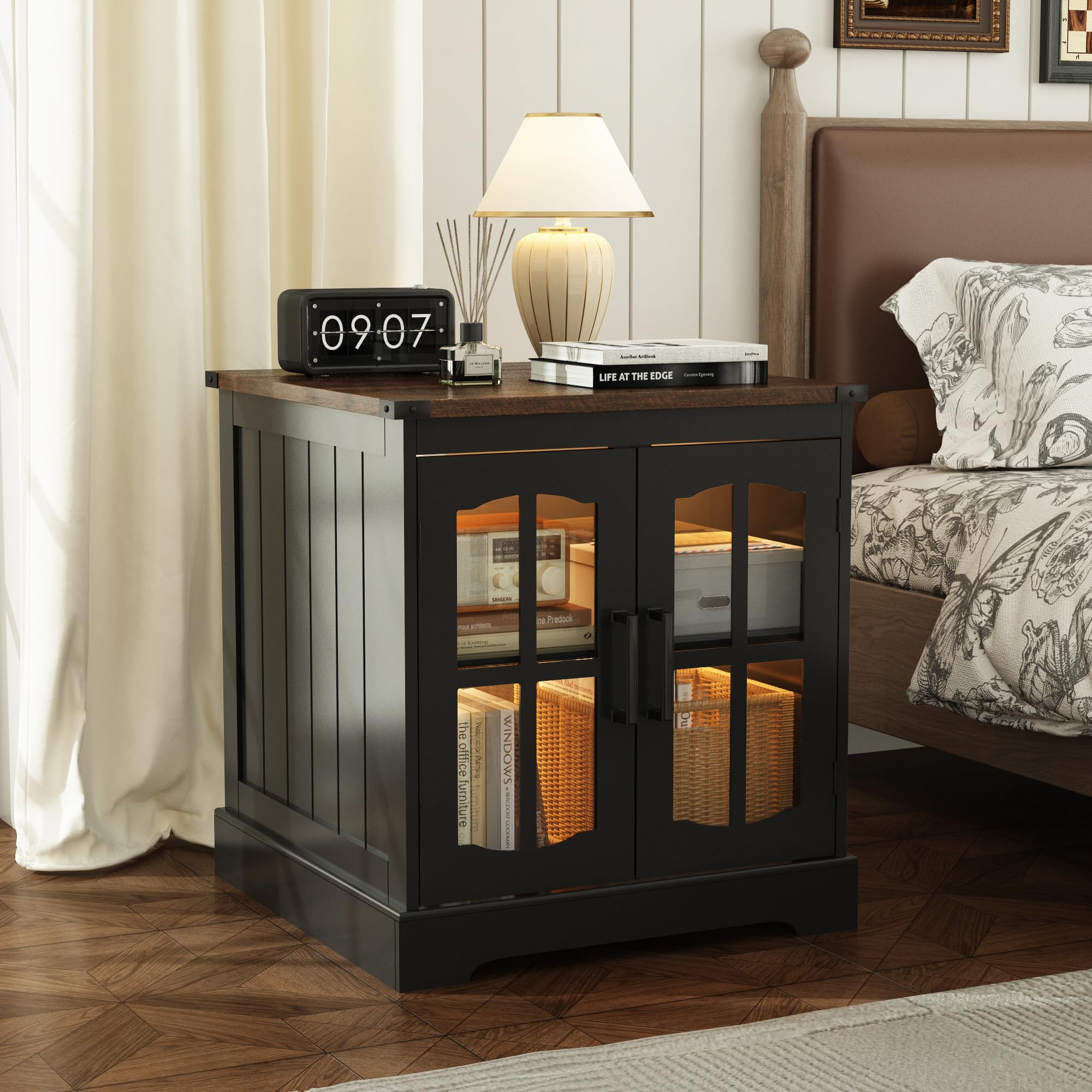 ChooChoo Rustic End Table, 24" Large Sofa Side Table with Charging Station & LED Light, Black Nightstand with Adjustable Storage Shelf, Square Bedside Table for Living Room, Bedroom, Office - Image 7