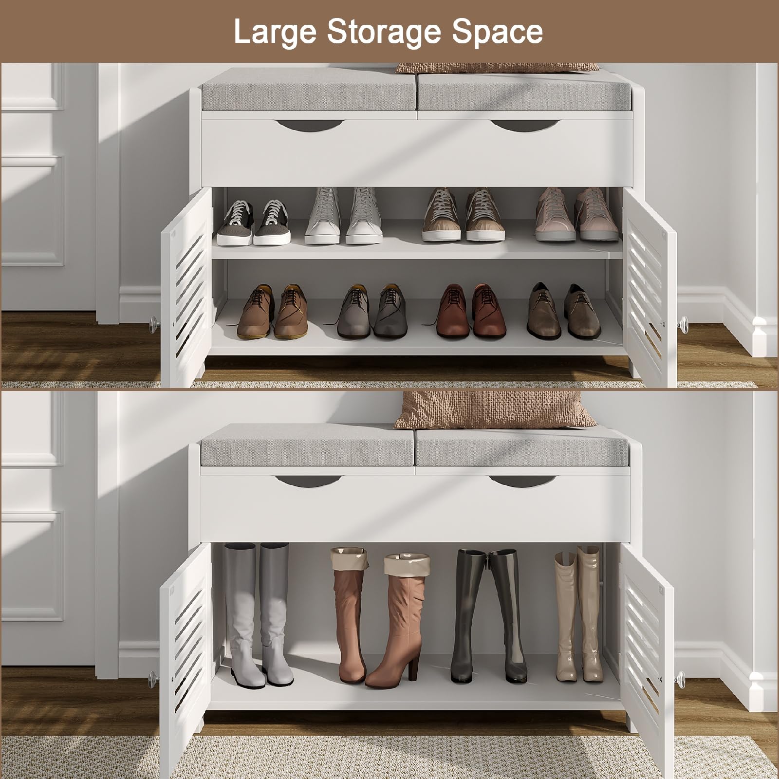 ChooChoo Shoe Storage Bench with Lift Top Storage, Entryway Bench with 2 Cushioned Seats, 3 Compartments, Adjustable Shelf, Shoe Cabinet for Entryway, Bedroom, Living Room, White - Image 3
