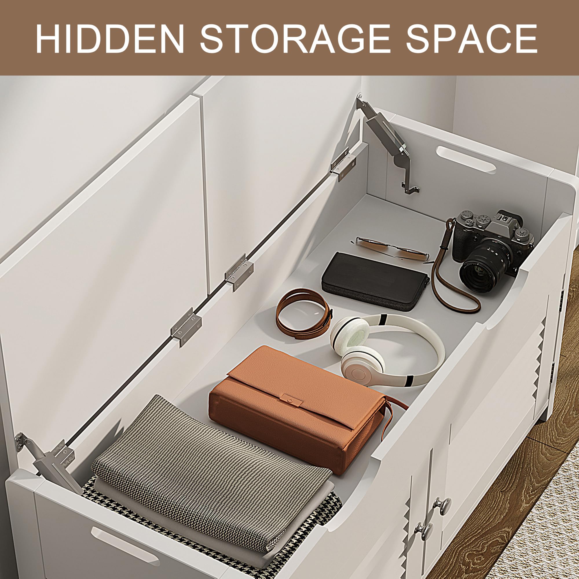 ChooChoo Shoe Storage Bench with Lift Top Storage, Entryway Bench with 2 Cushioned Seats, 3 Compartments, Adjustable Shelf, Shoe Cabinet for Entryway, Bedroom, Living Room, White - Image 4