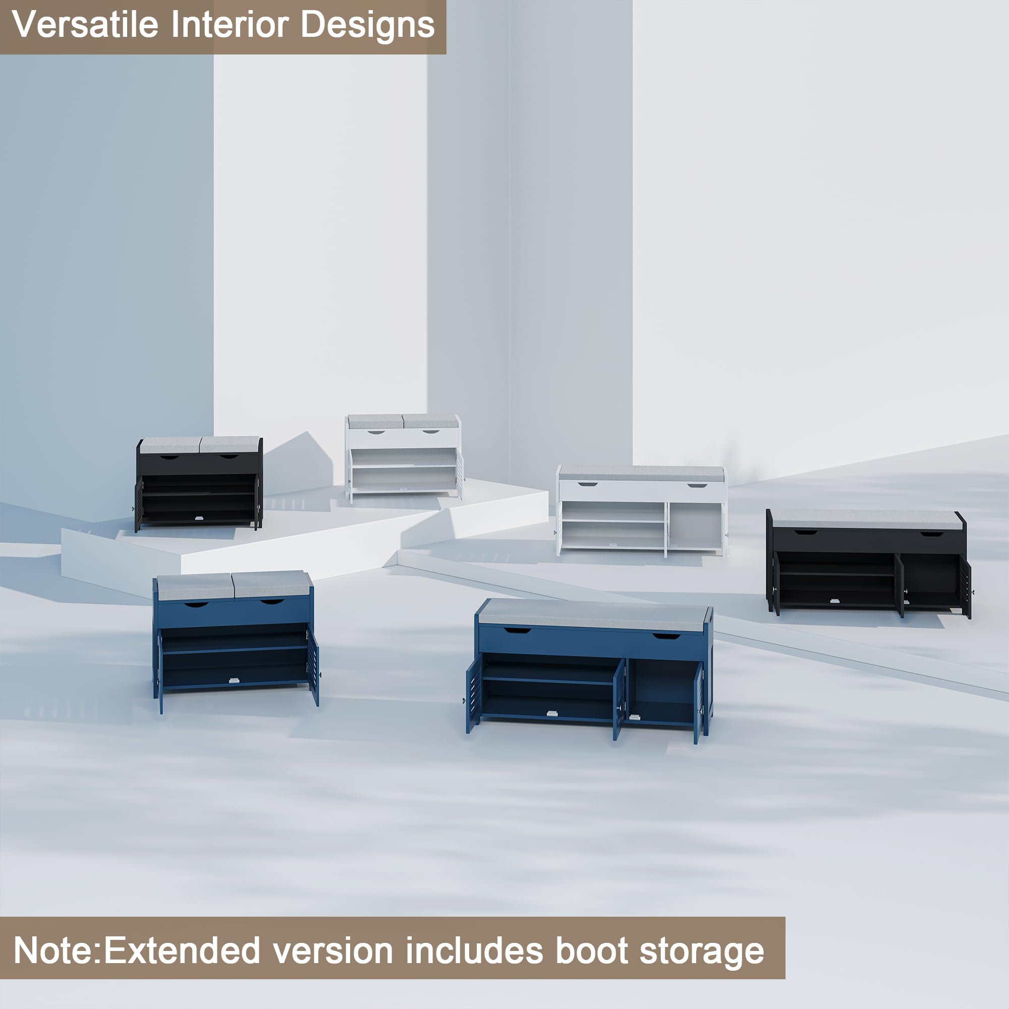 ChooChoo Shoe Storage Bench with Lift Top Storage, Entryway Bench with 2 Cushioned Seats, 3 Compartments, Adjustable Shelf, Shoe Cabinet for Entryway, Bedroom, Living Room, White - Image 6