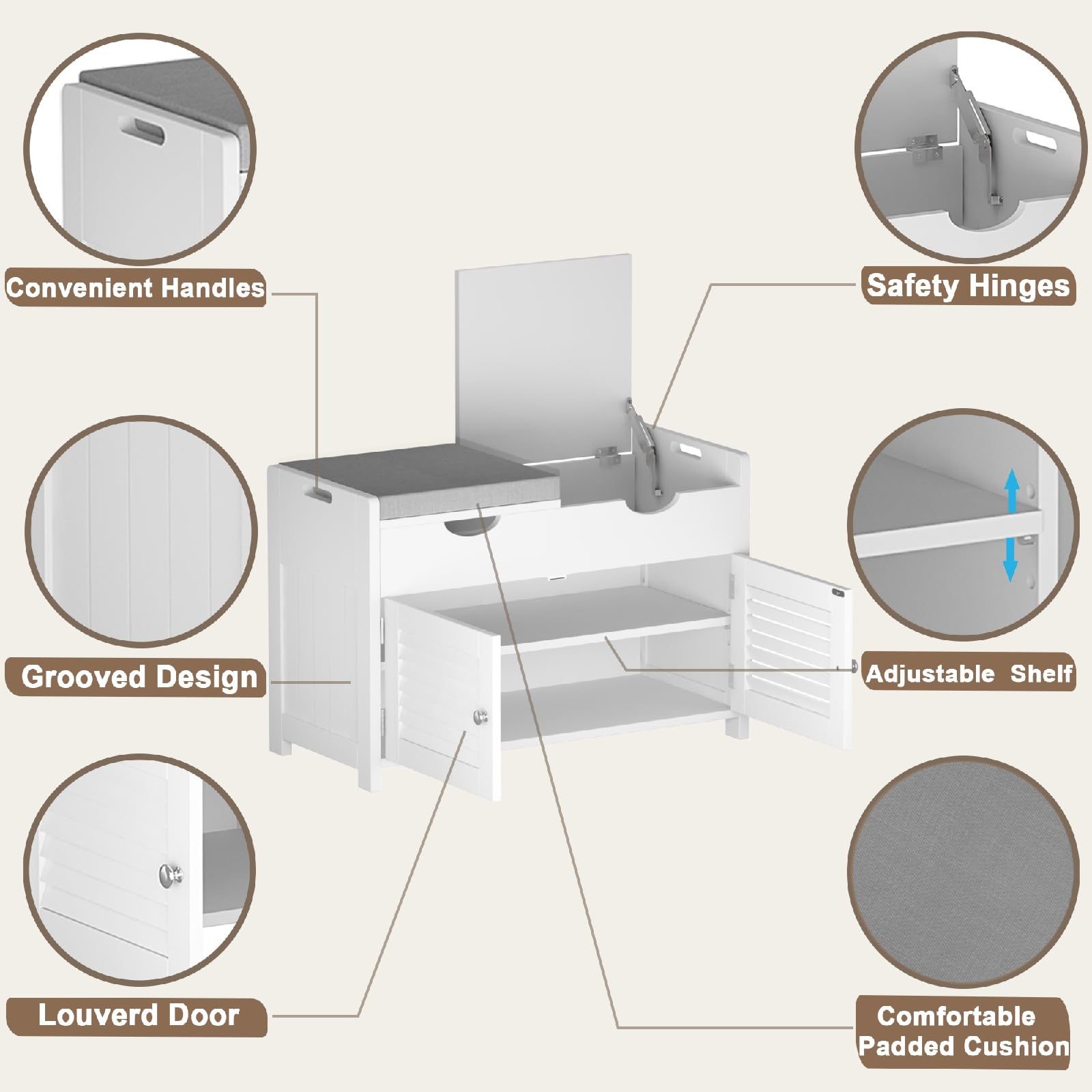 ChooChoo Shoe Storage Bench with Lift Top Storage, Entryway Bench with 2 Cushioned Seats, 3 Compartments, Adjustable Shelf, Shoe Cabinet for Entryway, Bedroom, Living Room, White - Image 7
