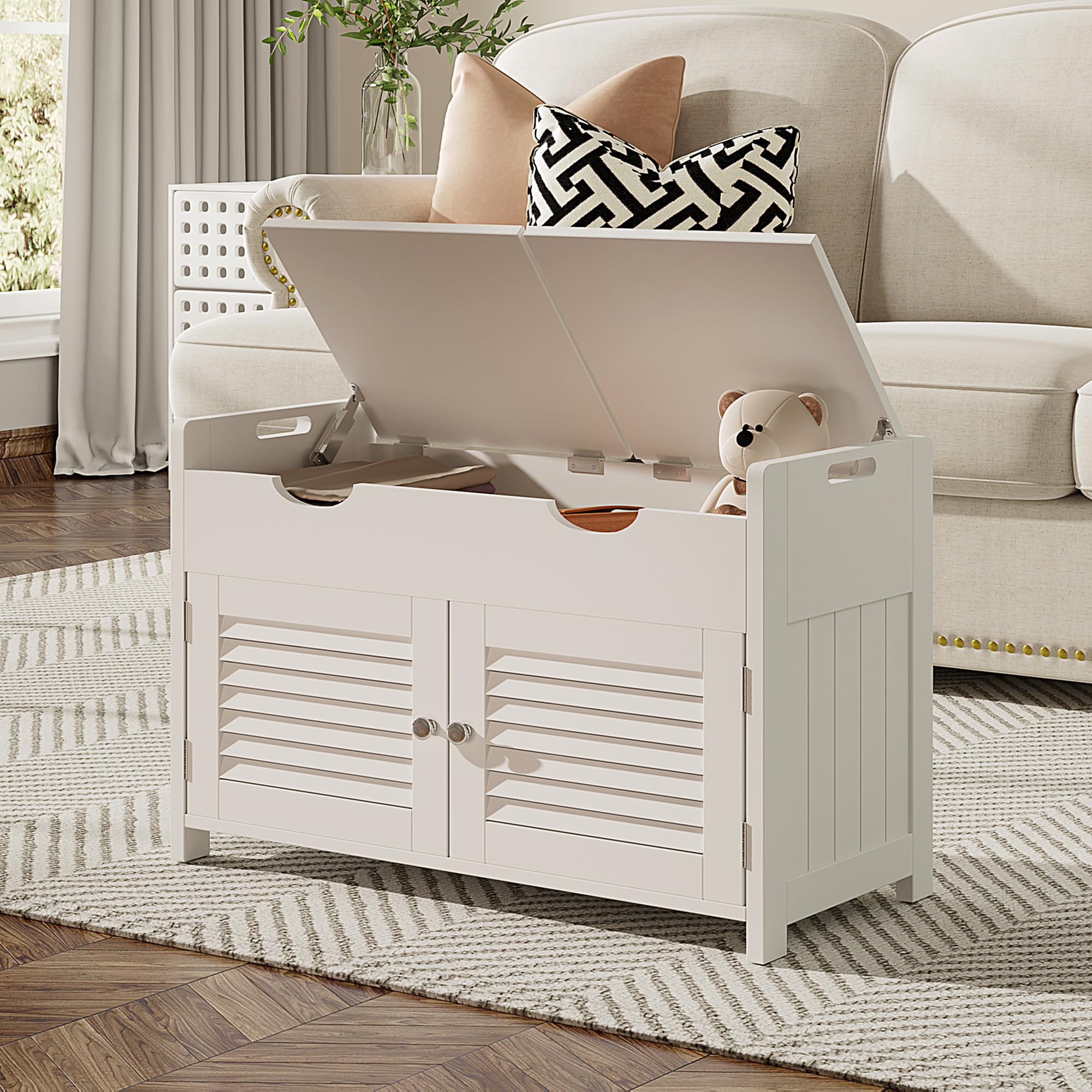 ChooChoo Shoe Storage Bench with Lift Top Storage, Entryway Bench with 2 Cushioned Seats, 3 Compartments, Adjustable Shelf, Shoe Cabinet for Entryway, Bedroom, Living Room, White - Image 8