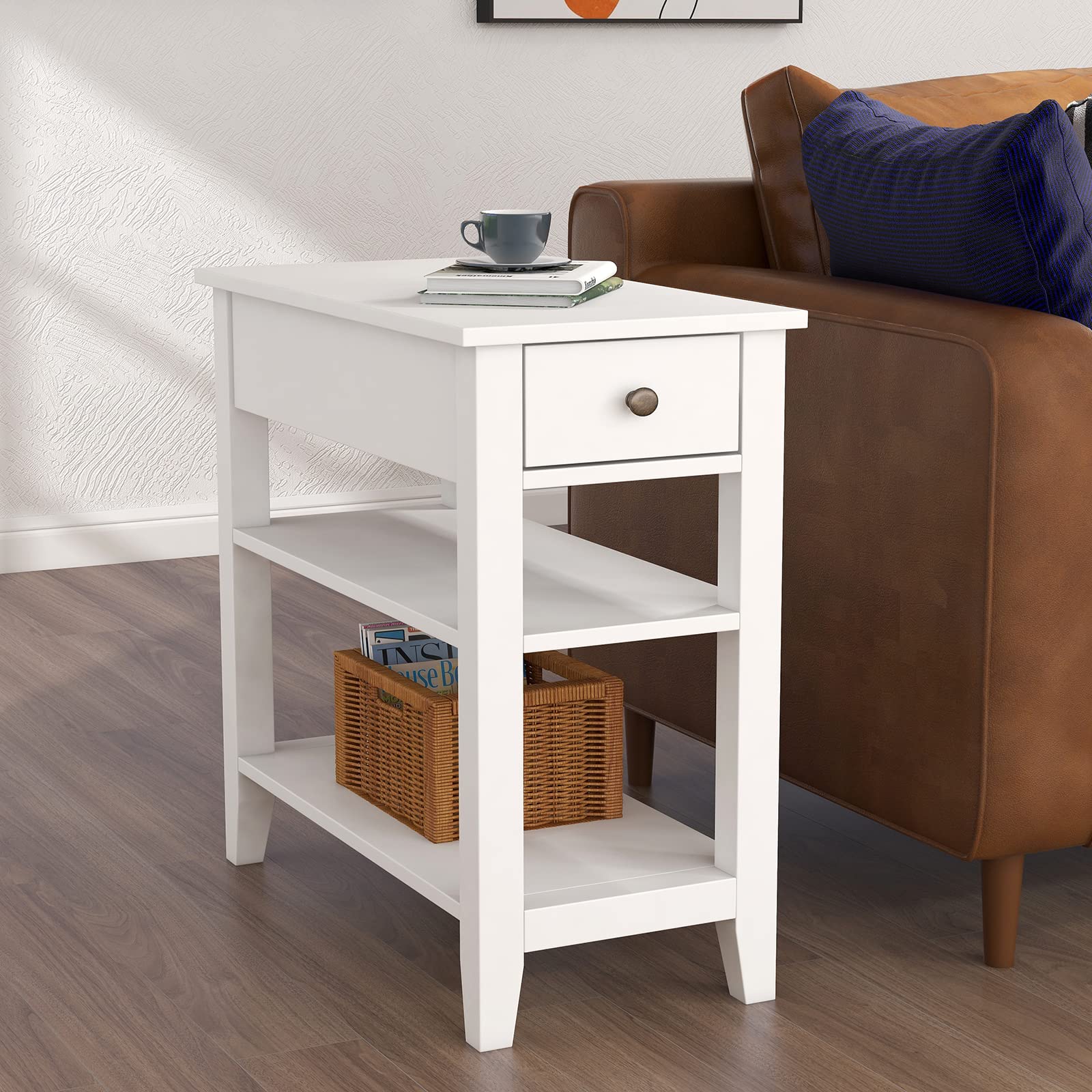 ChooChoo Side Table Living Room, Narrow End Table with Drawer and Shelf, 3-Tier Sofa End Table for Small Space, White - Image 3