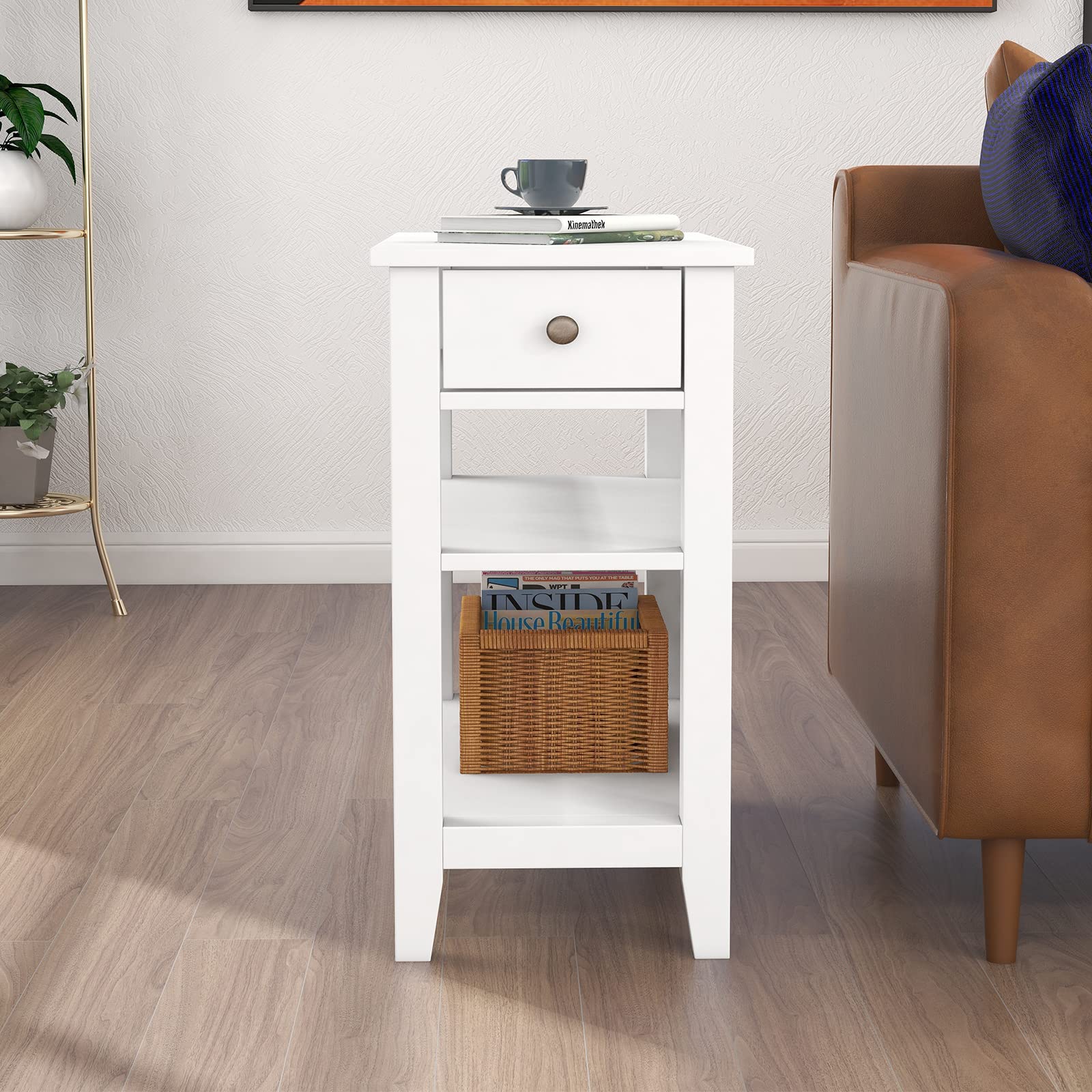 ChooChoo Side Table Living Room, Narrow End Table with Drawer and Shelf, 3-Tier Sofa End Table for Small Space, White - Image 4