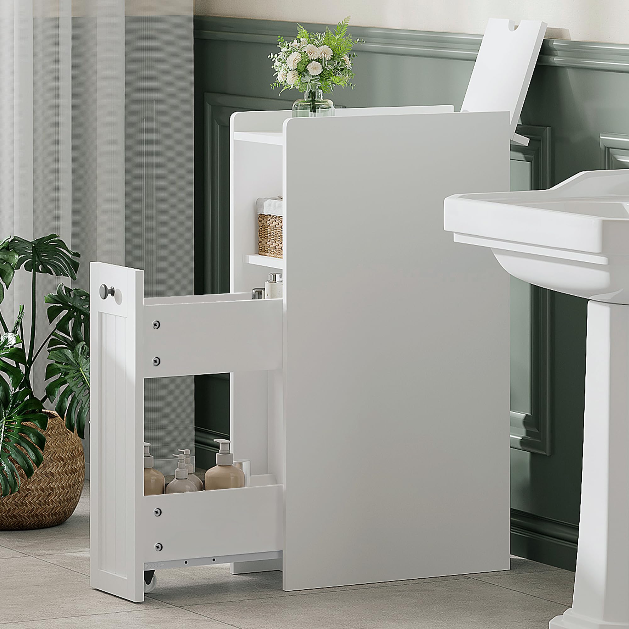 ChooChoo Slim Bathroom Storage Cabinet, Small Narrow Storage Organizer with Slide Out Drawers, Freestanding Toilet Paper Holder, Bathroom Cabinet for Small Places, White - Image 6