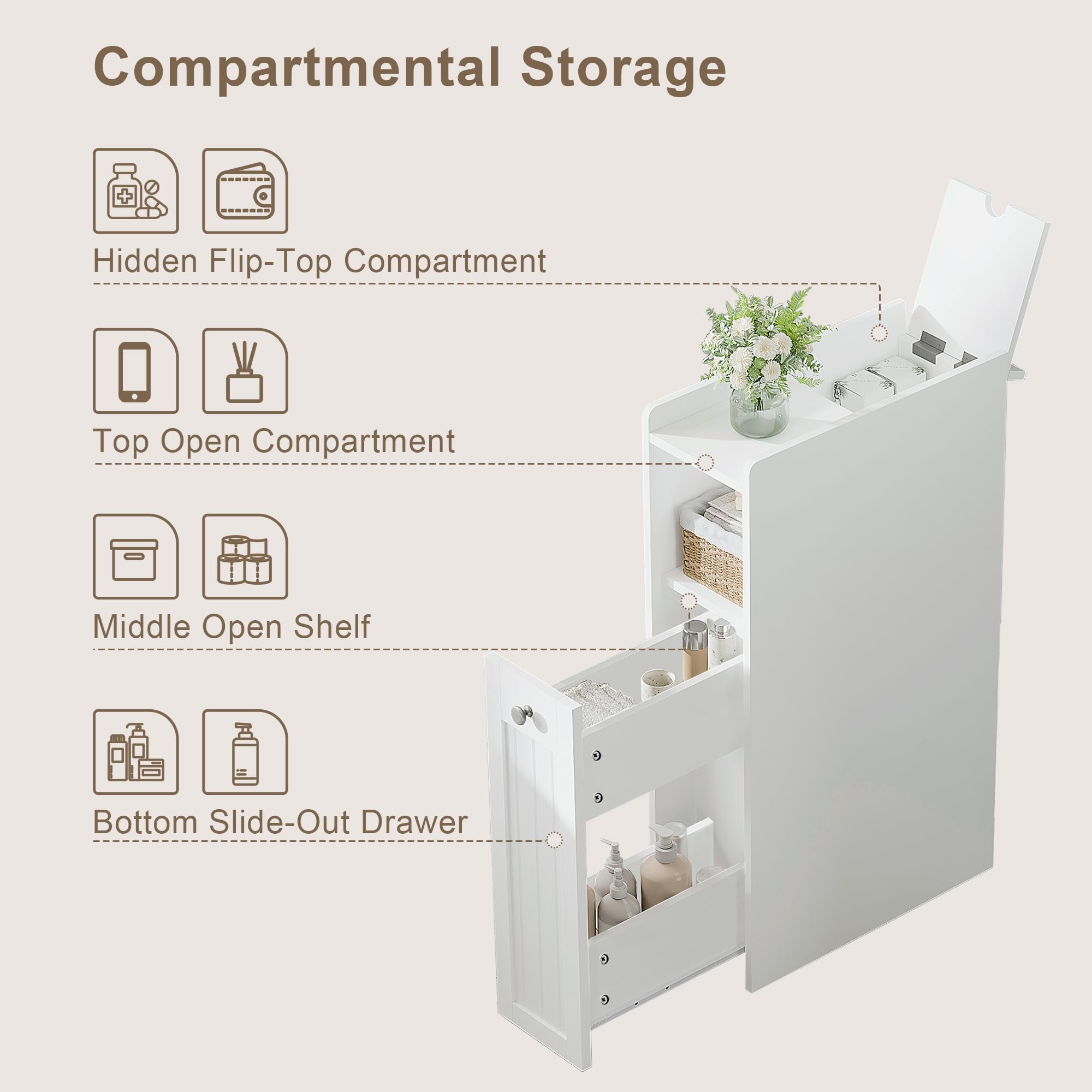 ChooChoo Slim Bathroom Storage Cabinet, Small Narrow Storage Organizer with Slide Out Drawers, Freestanding Toilet Paper Holder, Bathroom Cabinet for Small Places, White - Image 7