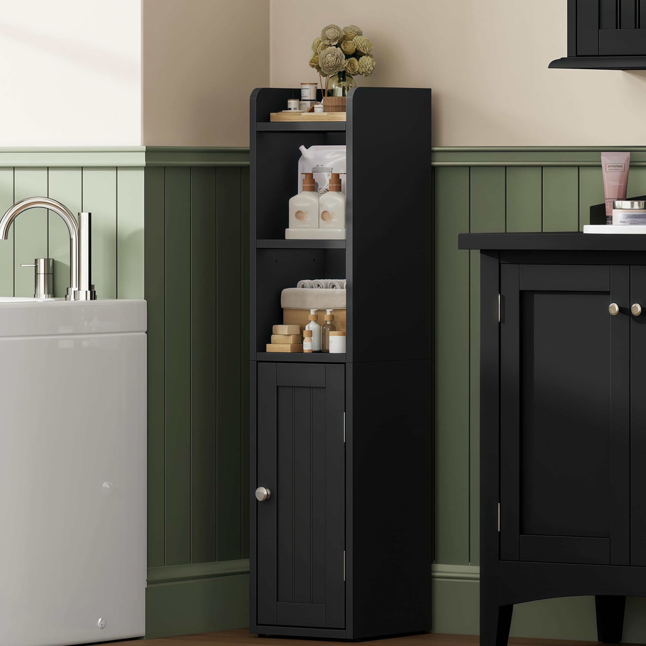 ChooChoo Small Bathroom Storage Cabinet, 7.1“W * 7.9”D Corner Floor Cabinet with Door and Adjustable Shelf, Narrow Toilet Paper Cabinets, Slim Bathroom Organizers for Small Spaces and Bathroom, Black - Image 3