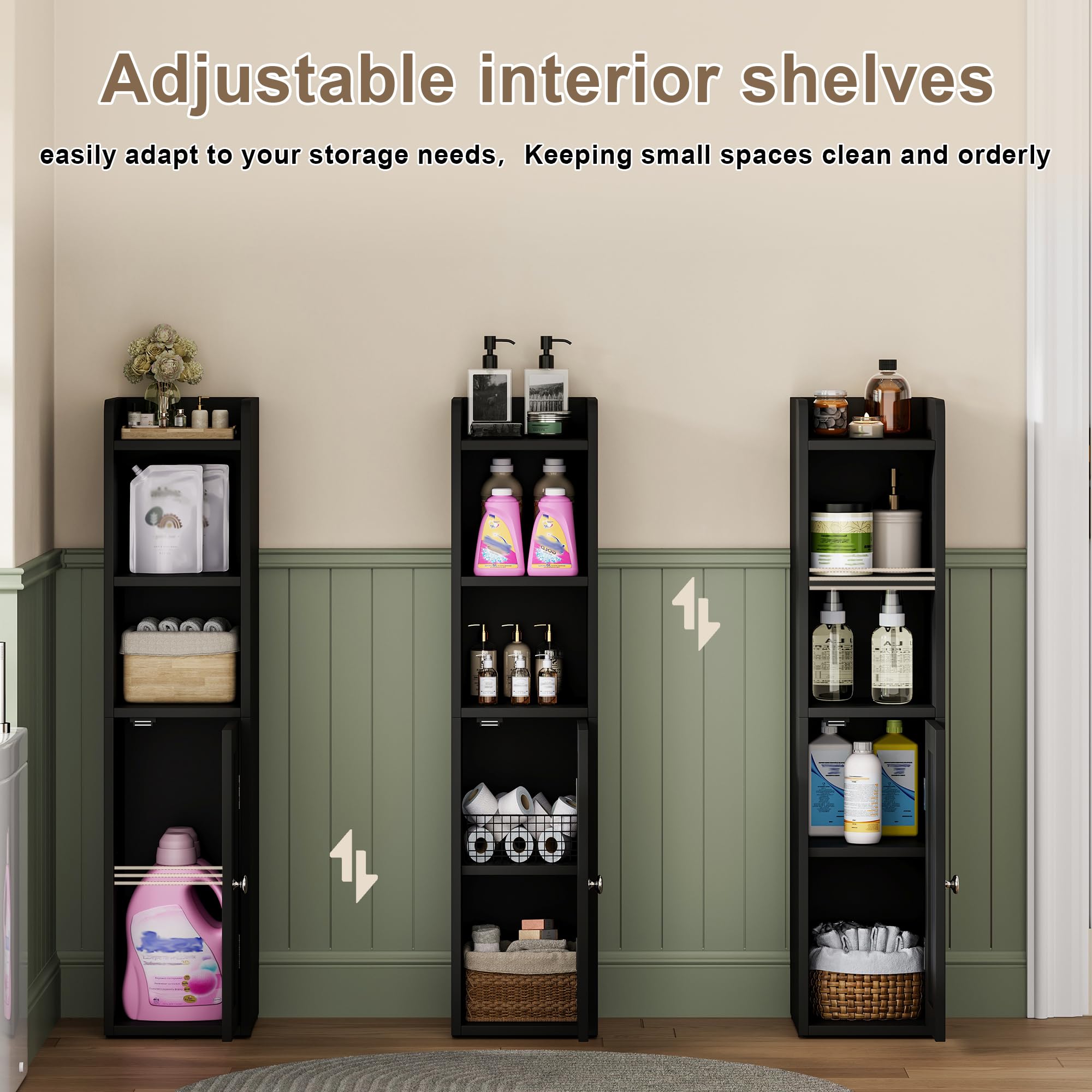 ChooChoo Small Bathroom Storage Cabinet, 7.1“W * 7.9”D Corner Floor Cabinet with Door and Adjustable Shelf, Narrow Toilet Paper Cabinets, Slim Bathroom Organizers for Small Spaces and Bathroom, Black - Image 4