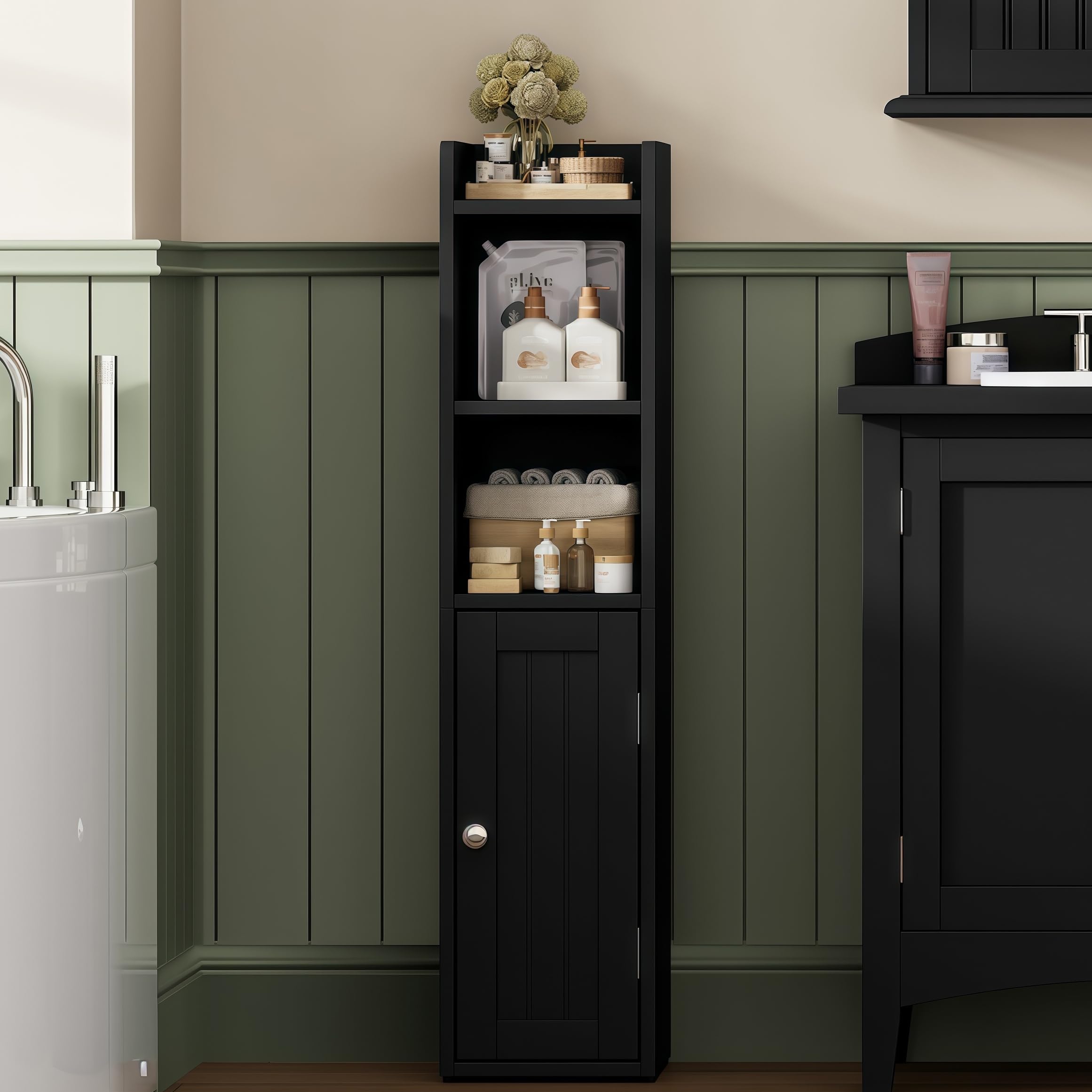 ChooChoo Small Bathroom Storage Cabinet, 7.1“W * 7.9”D Corner Floor Cabinet with Door and Adjustable Shelf, Narrow Toilet Paper Cabinets, Slim Bathroom Organizers for Small Spaces and Bathroom, Black - Image 8