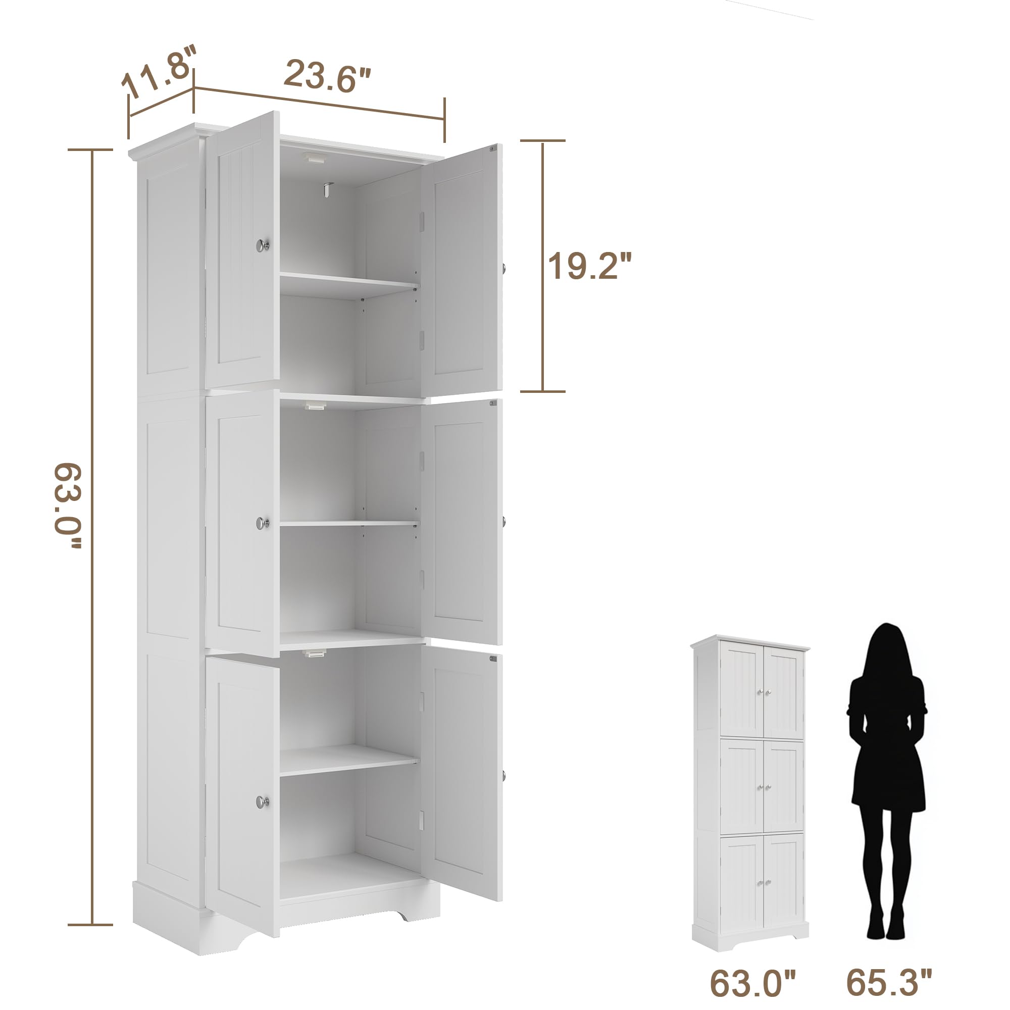 ChooChoo Tall Bathroom Storage Cabinet with 6 Doors, Freestanding Floor Cabinet with Adjustable Shelves, White Pantry Cabinet for Bathroom, Kitchen, Laundry Room - Image 3