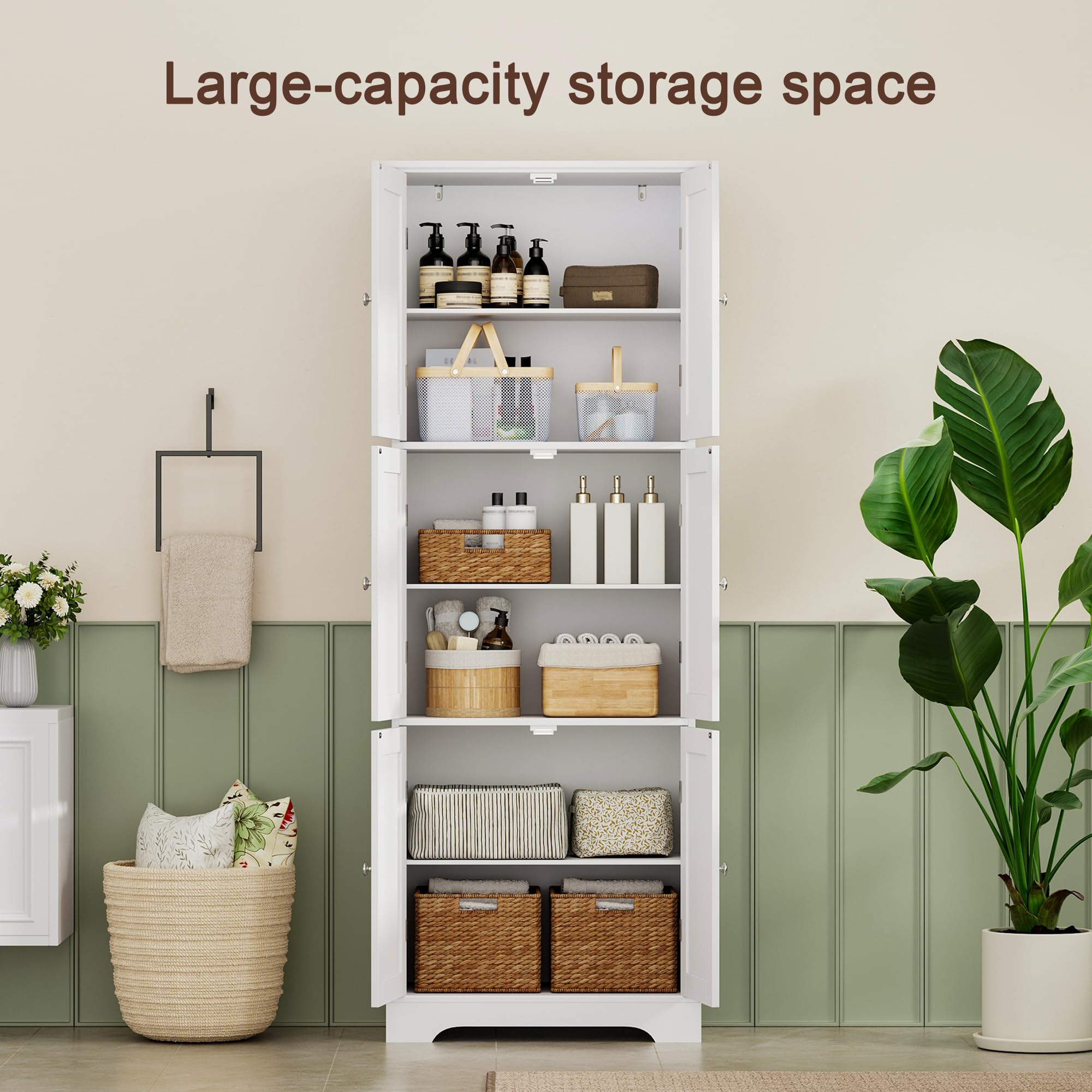 ChooChoo Tall Bathroom Storage Cabinet with 6 Doors, Freestanding Floor Cabinet with Adjustable Shelves, White Pantry Cabinet for Bathroom, Kitchen, Laundry Room - Image 4
